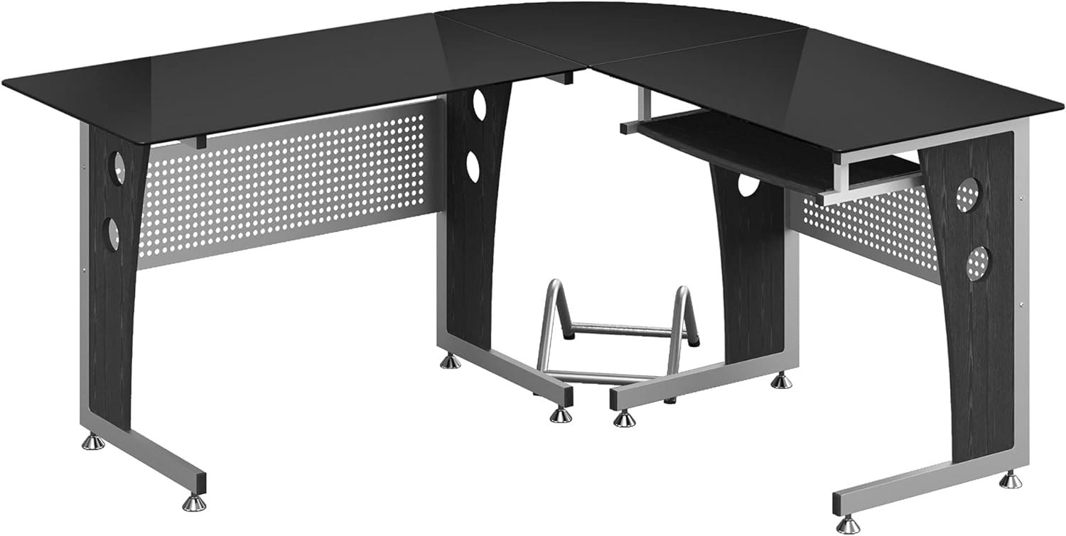 HOMCOM L-Shaped Corner Computer Desk Gaming Table Home Office Workstation Glass Top P2 MDF with Keyboard Tray - Black