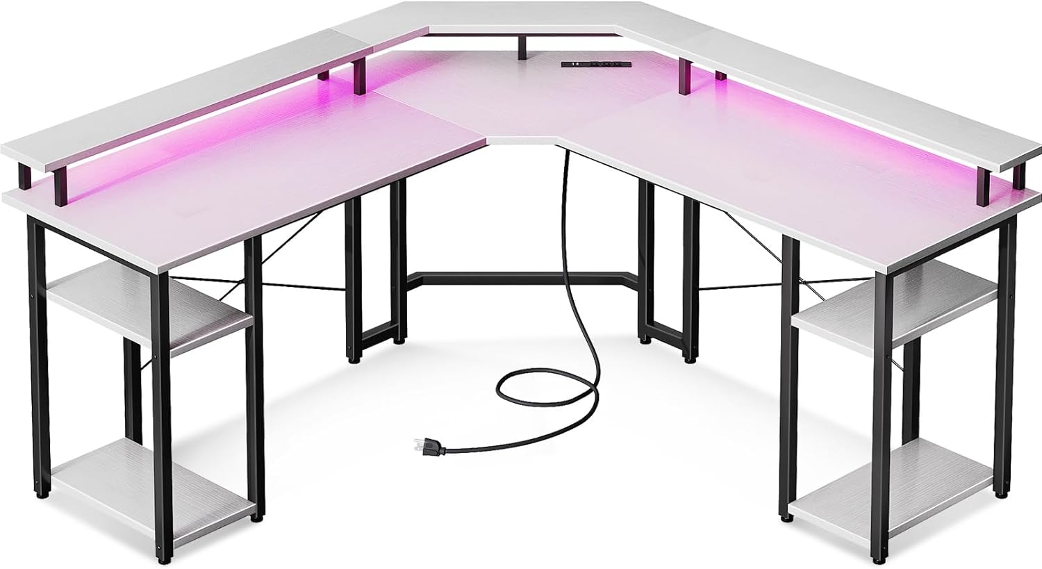 Coleshome L Shaped Gaming Desk with LED Lights & Power Outlets, Reversible 56 Computer Desk with Full Monitor Stand & Storage Shelves, Ergonomic Home Office Corner Desk, White