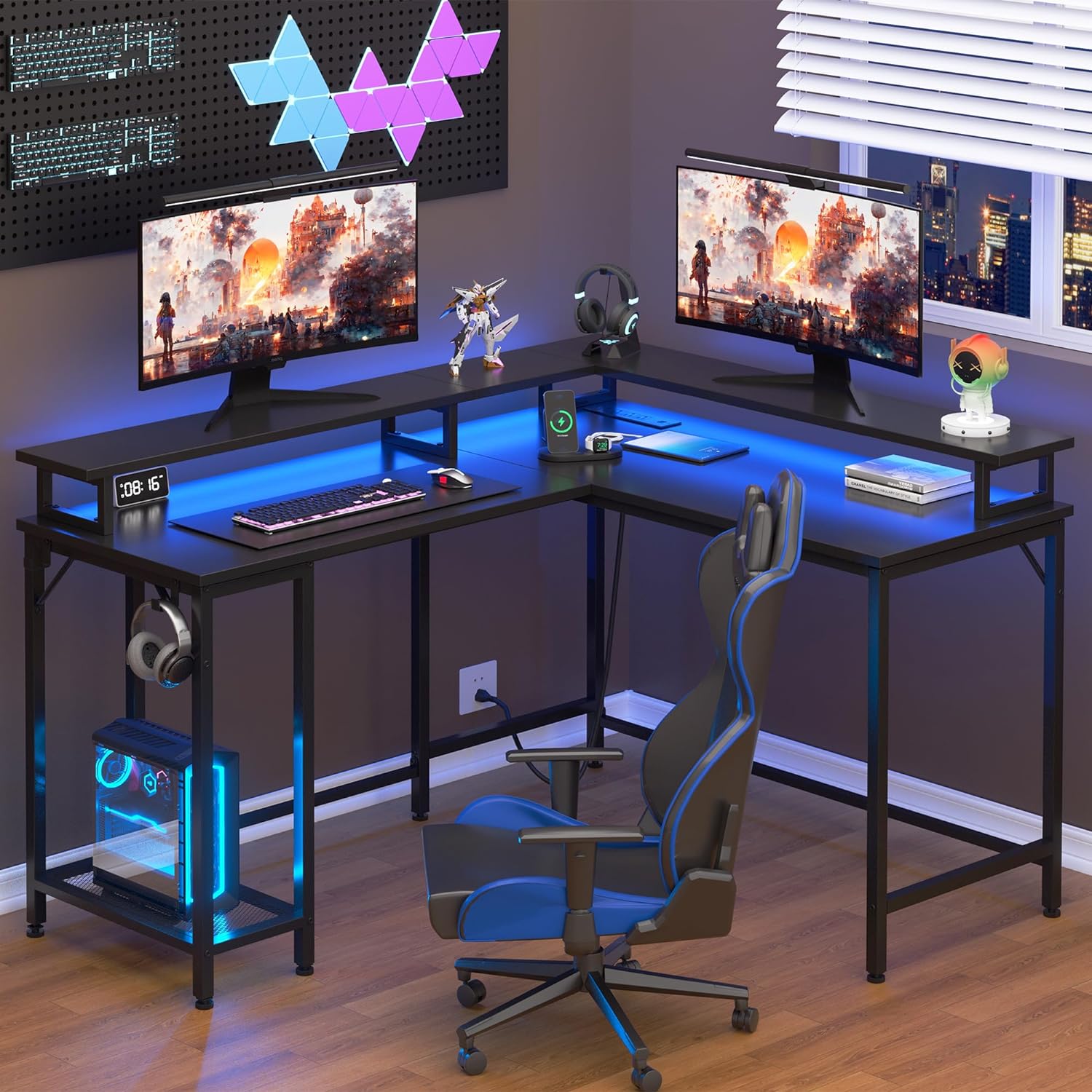 Shintenchi 46 L Shaped Computer Desk with LED Lights & Monitor Stand, Reversible Gaming Desk with Shelf & Hook, Corner Workstation, Study Computer Table for Home Office, Black