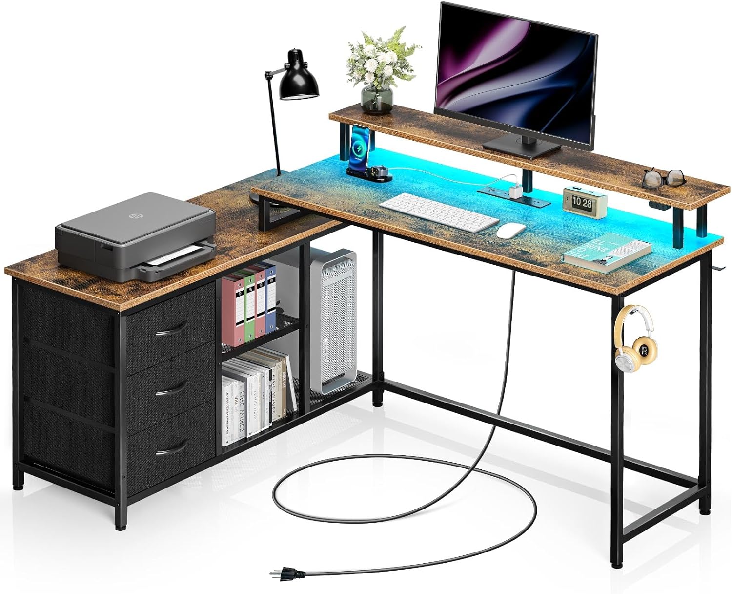 Seventable L Shaped Computer Desk with Drawers, Reversible Gaming Desk with LED Lights & Charging Port, Corner Desk with Storage Shelves & Monitor Stand for Home Office Rustic Brown