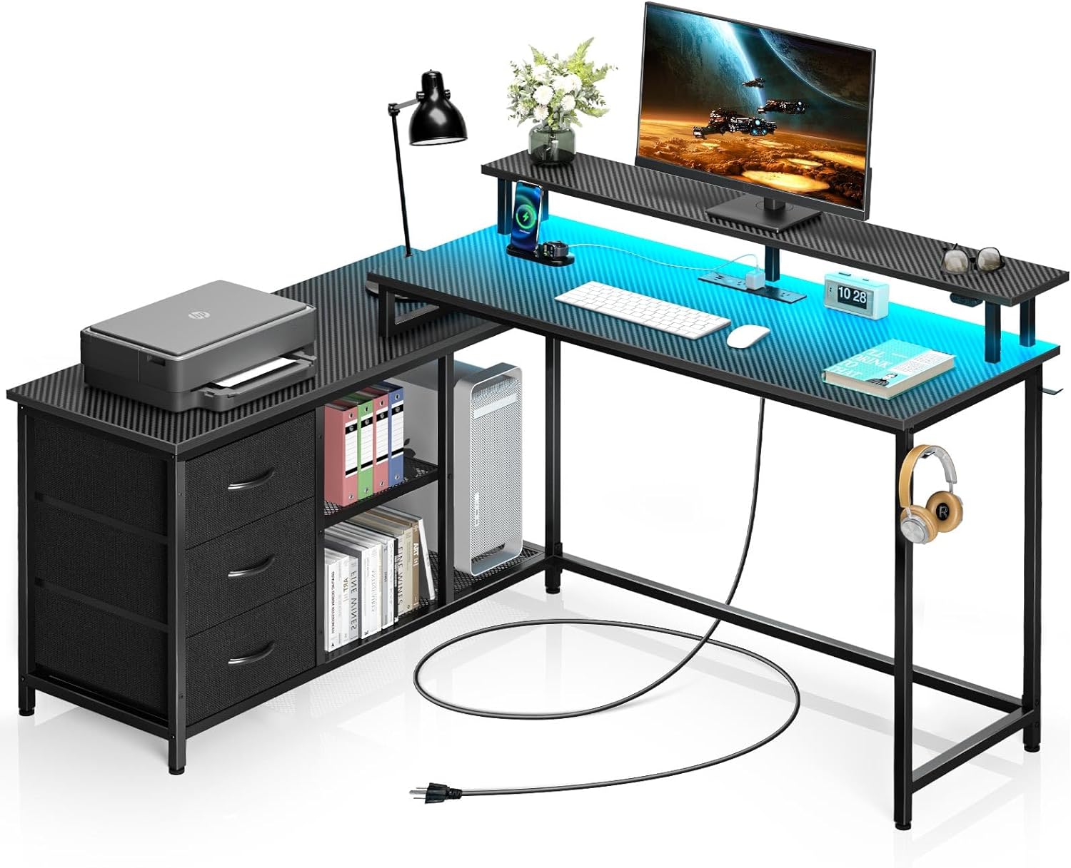 Seventable L Shaped Computer Desk with Drawers, Reversible Gaming Desk with LED Lights & Charging Port, Corner Desk with Storage Shelves & Monitor Stand for Home Office Carbon Fiber Black