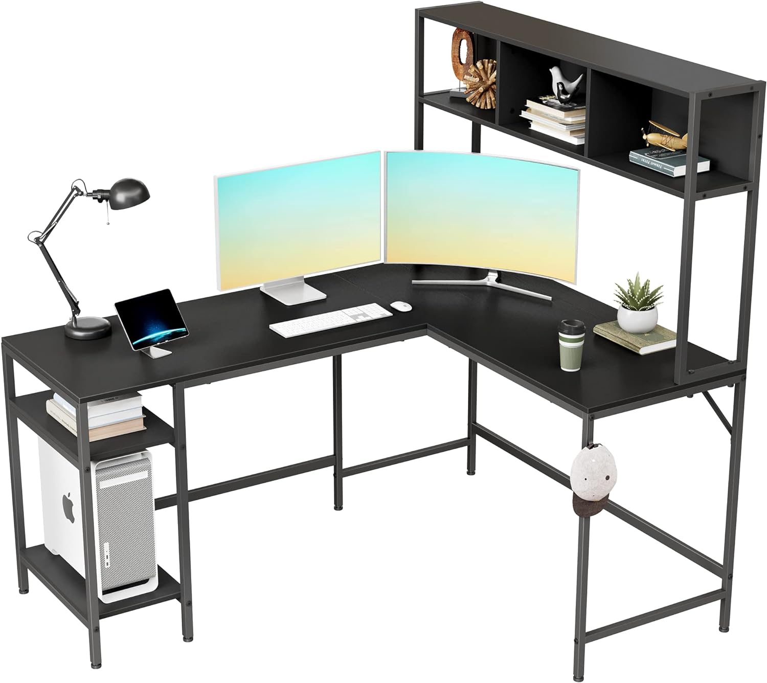 BANTI L-Shaped Desk with Hutch, 60 Corner Computer Desk, Home Office Gaming Table with Storage Shelves, Space-Saving, Black