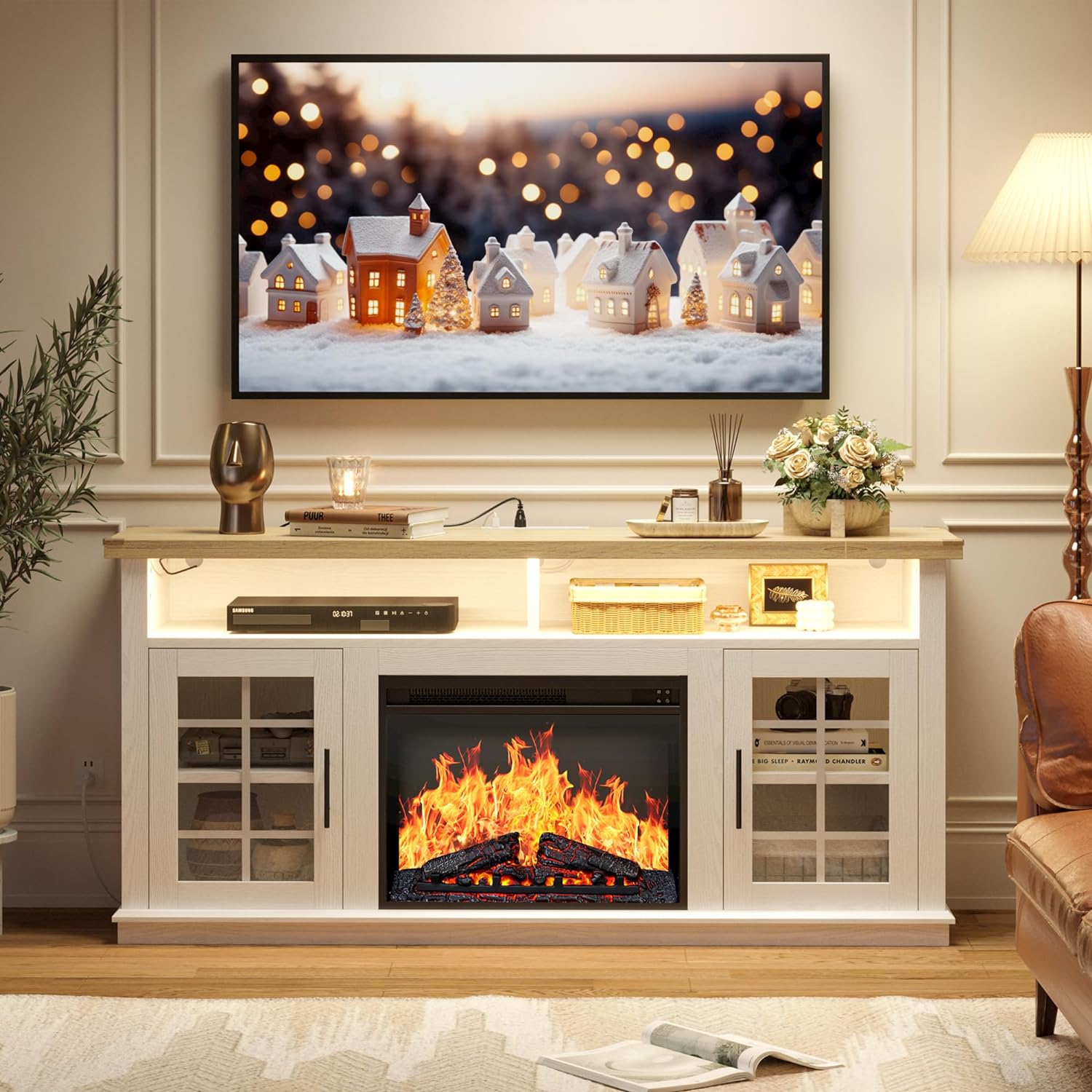 IRONCK Fireplace TV Stand with Power Outlet and LED Light, Entertainment Center with Open Storage Shelves for TVs up to 65 Inches, 23inch Electric Fireplace, White