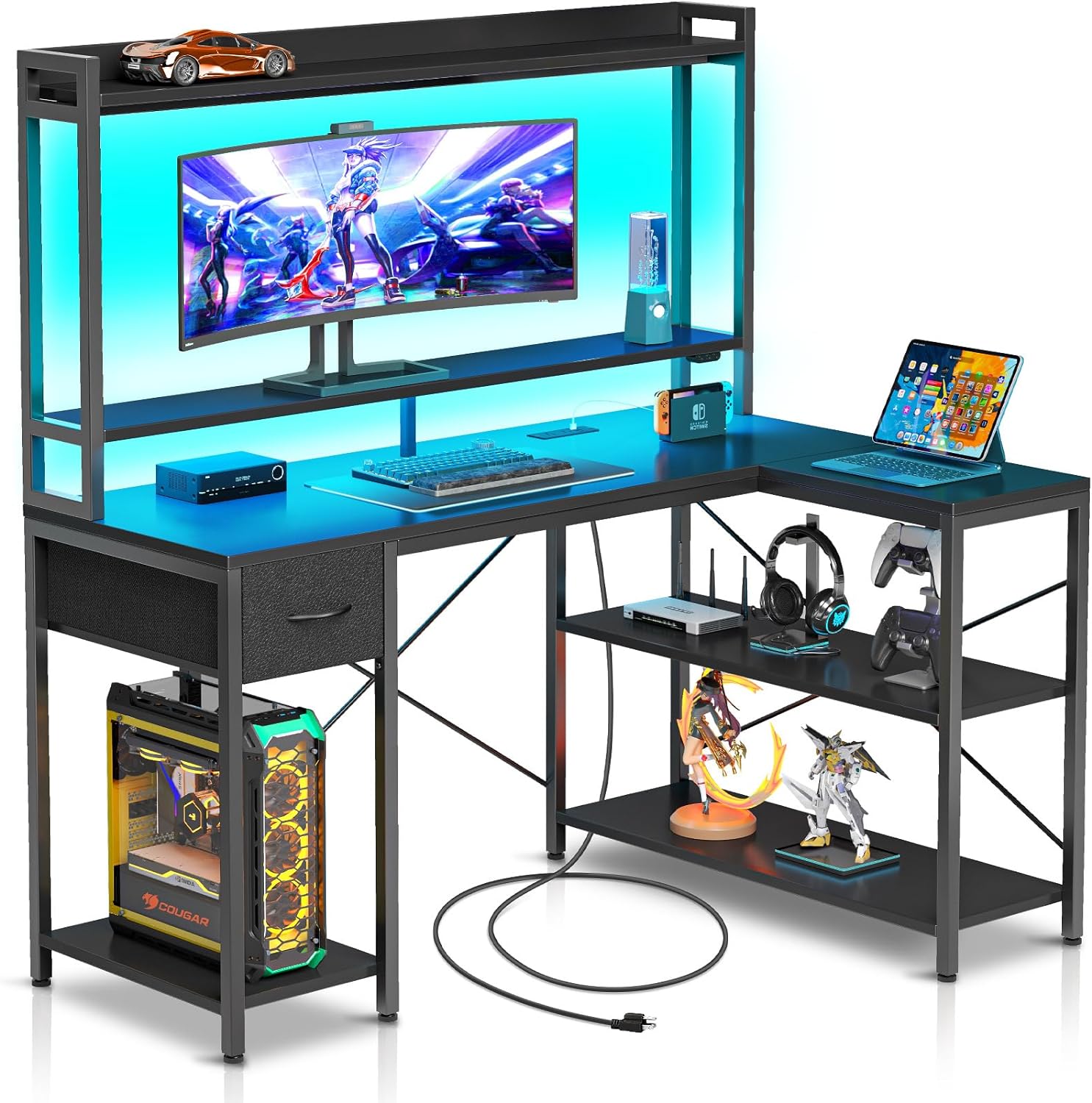 Seventable L Shaped Gaming Desk with LED Lights & Power Outlets, Reversible Computer Desk with Shelves & Drawer, Corner Desk with Hutch Home Office Desk, Black