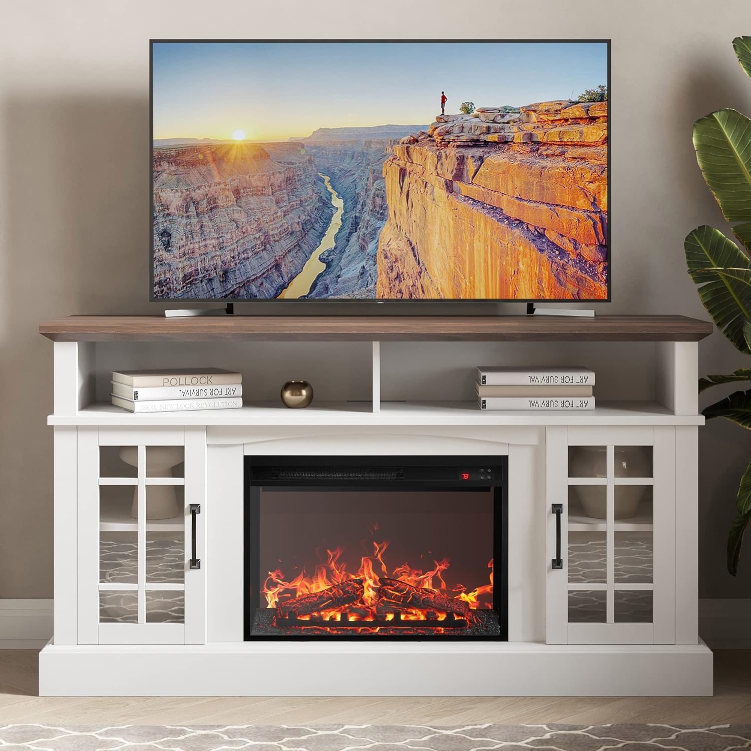 BELLEZE Traditional 58 Rustic TV Stand with 23 Electric Fireplace Heater, Media Entertainment Center Console Table for TV up to 65 with Open Storage Shelves and Cabinets - Astorga (White)