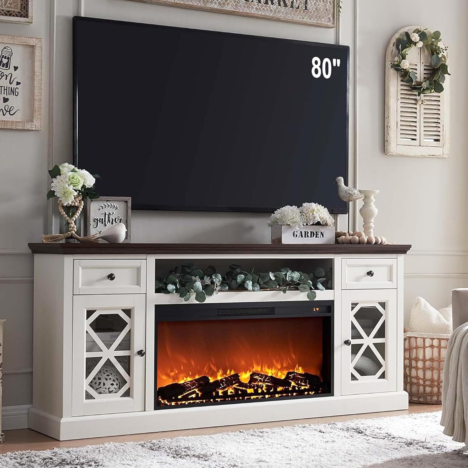 Farmhouse Fireplace TV Stand with 36 Electric Fireplace for 80 Inch TVs, 31 Tall Entertainment Center w/Drawer & Diamond Panel Door, Highboy Media Console for Living Room, 70inch, White