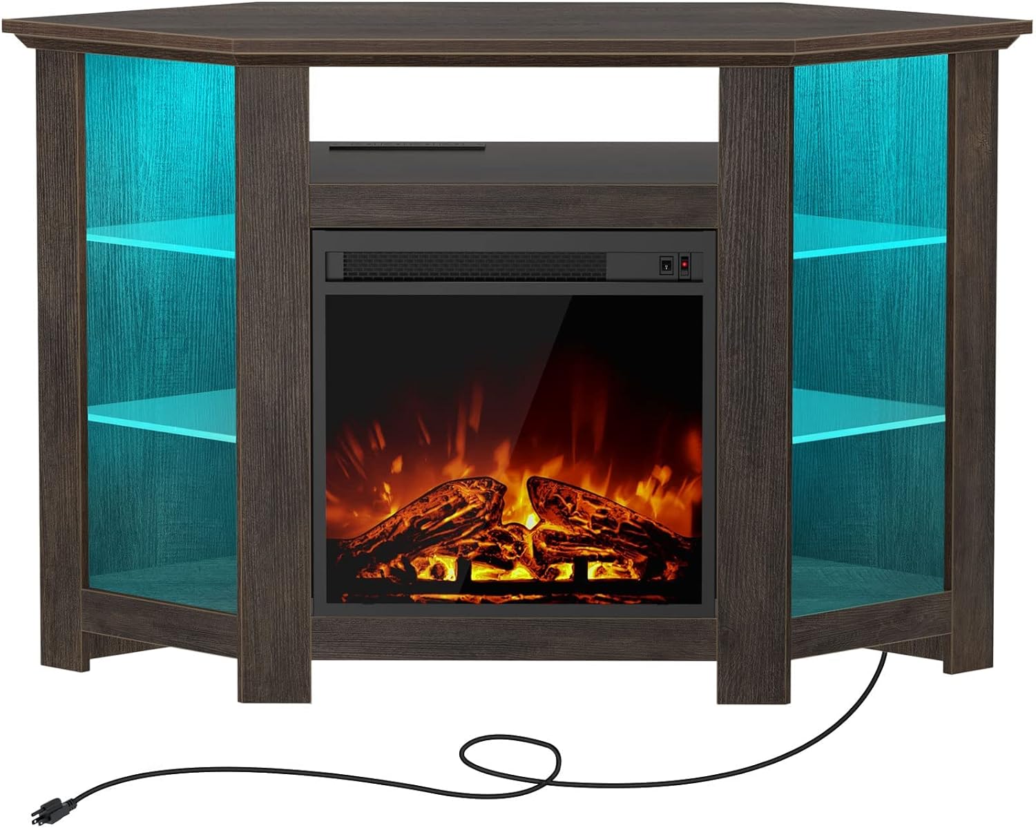 Seventable Fireplace Corner TV Stand for 43 50 55 Inches, 47 Inch TV Stand with Power Outlets and LED Lights, Modern TV Console, Entertainment Center for Living Room,Walnut