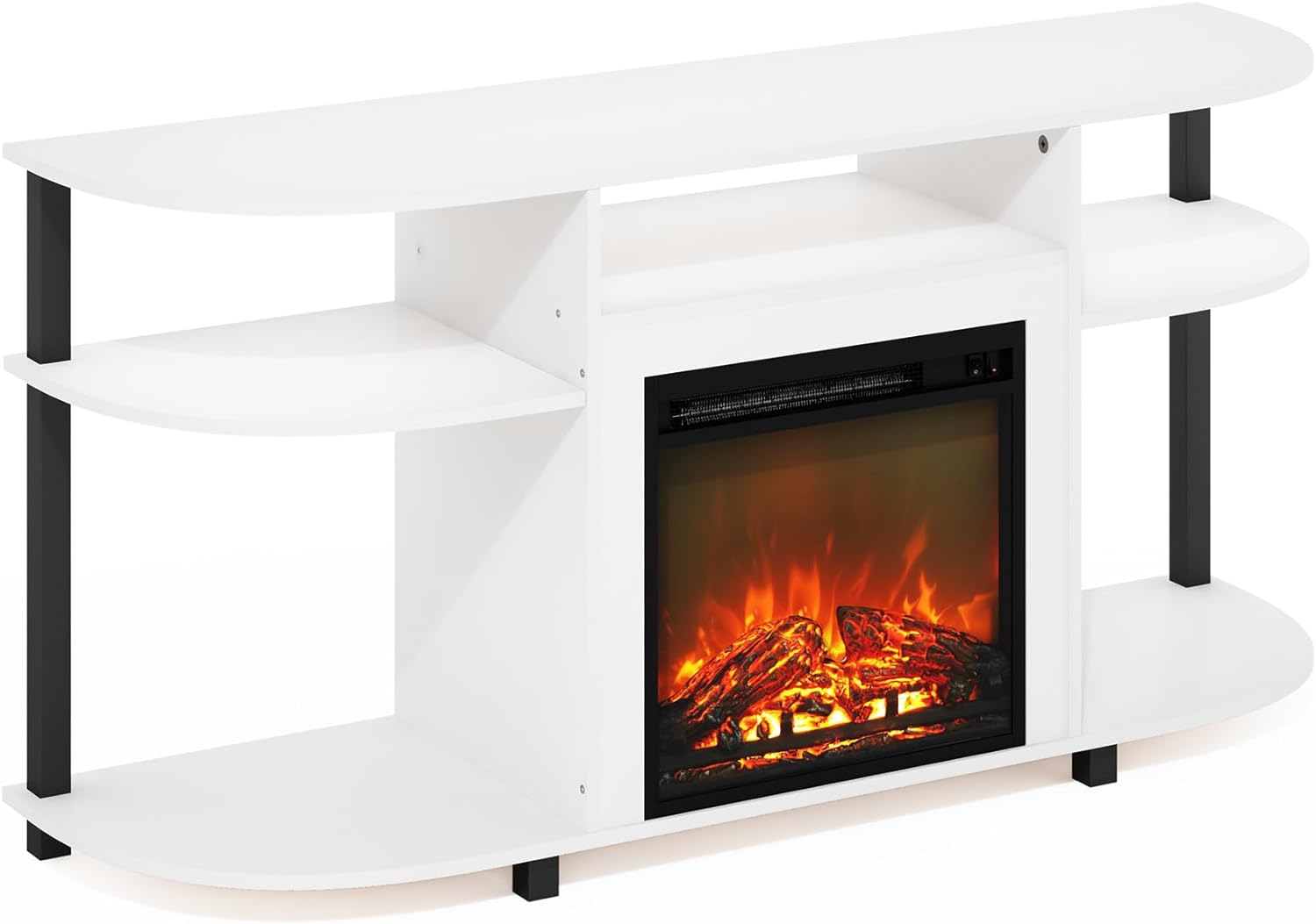 Furinno Jensen Open Storage Curved Entertainment Center Stand with Fireplace for TV up to 55 Inch, Solid White