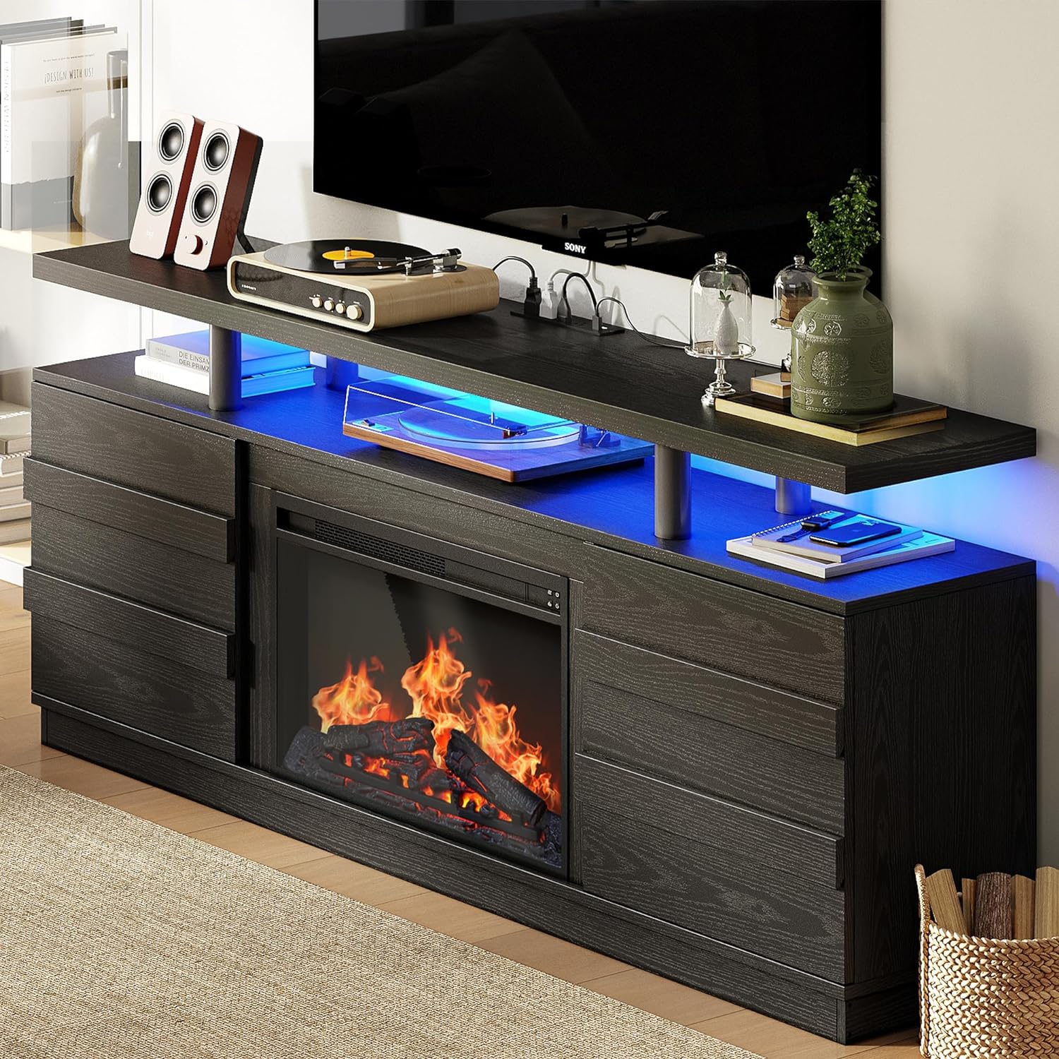 IRONCK TV Stand with 26 Electric Fireplace, Charging Station & LED Light, Accommodates 55/65/75 inch TV, 68 Wood Entertainment Center for Living Room, Bedroom - Black