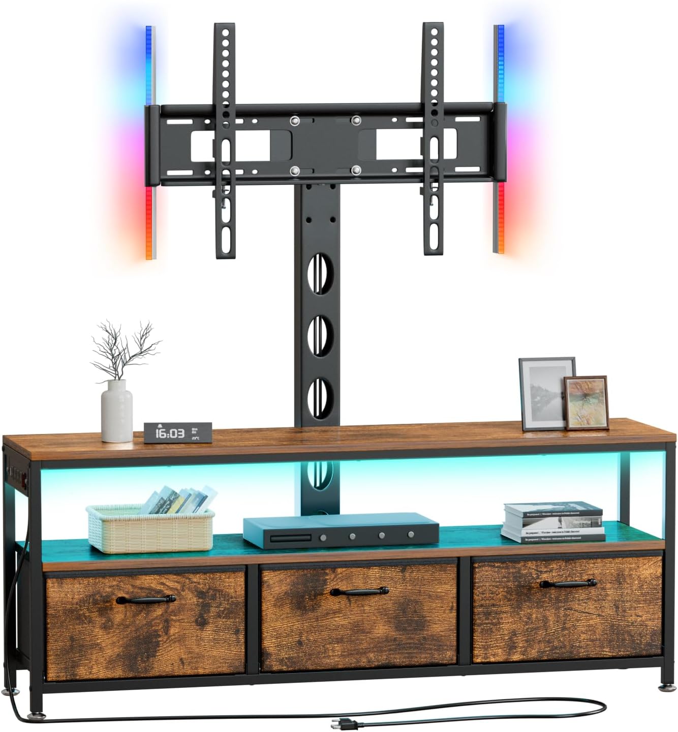 JUSTOGO TV Stand with Mount and Power Outlet, TV Stand with Drawers Storage for Living Room Bedroom, LED Entertainment Center for 45/55/60/65/70 inch TVs, Height Adjustable Media Console, Rustic