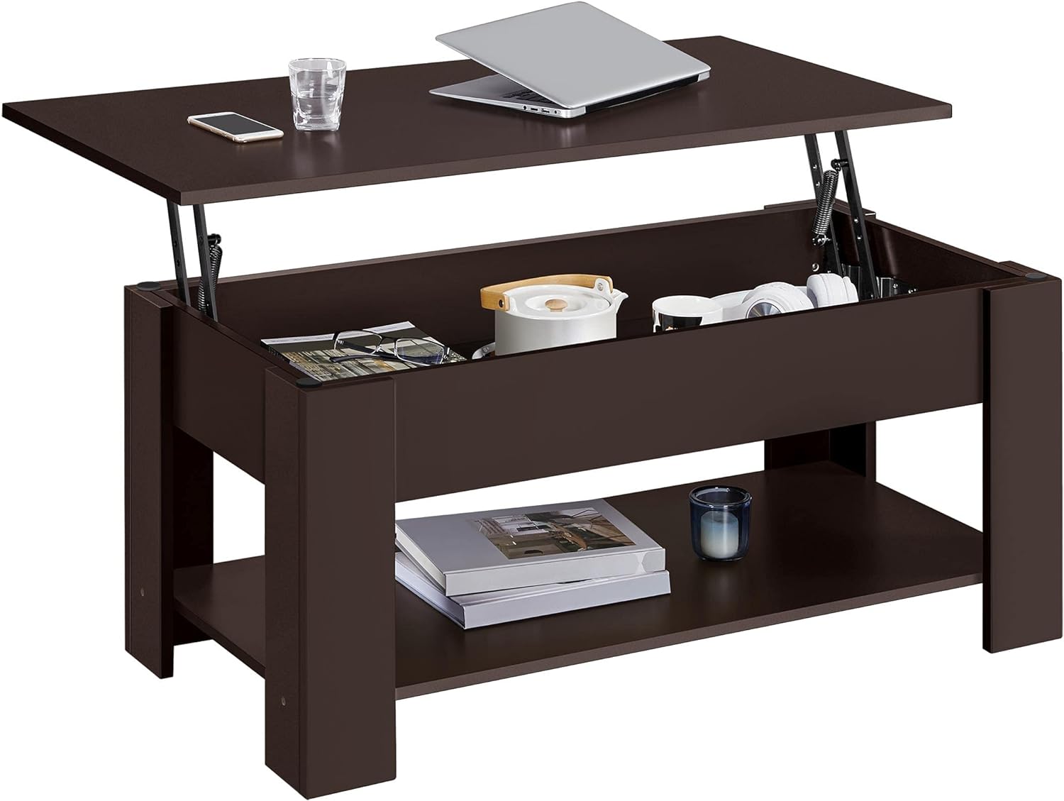 Yaheetech Lift Top Coffee Table w/Hidden Storage Compartment and Open Storage Shelf - Lift Tabletop Center Table for Living Room Reception Room, Painted Espresso