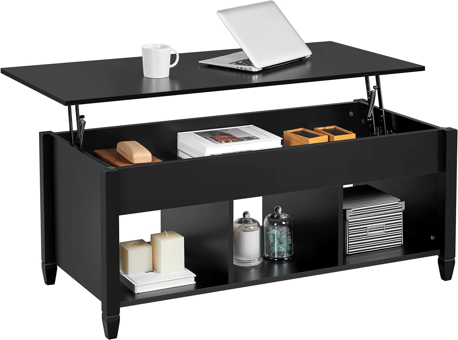 Yaheetech Black Coffee Table, 47.5in Lift Top Coffee Table, Lift Up Center Table w/Hidden Compartment & 3 Cube Open Shelves for Living Room