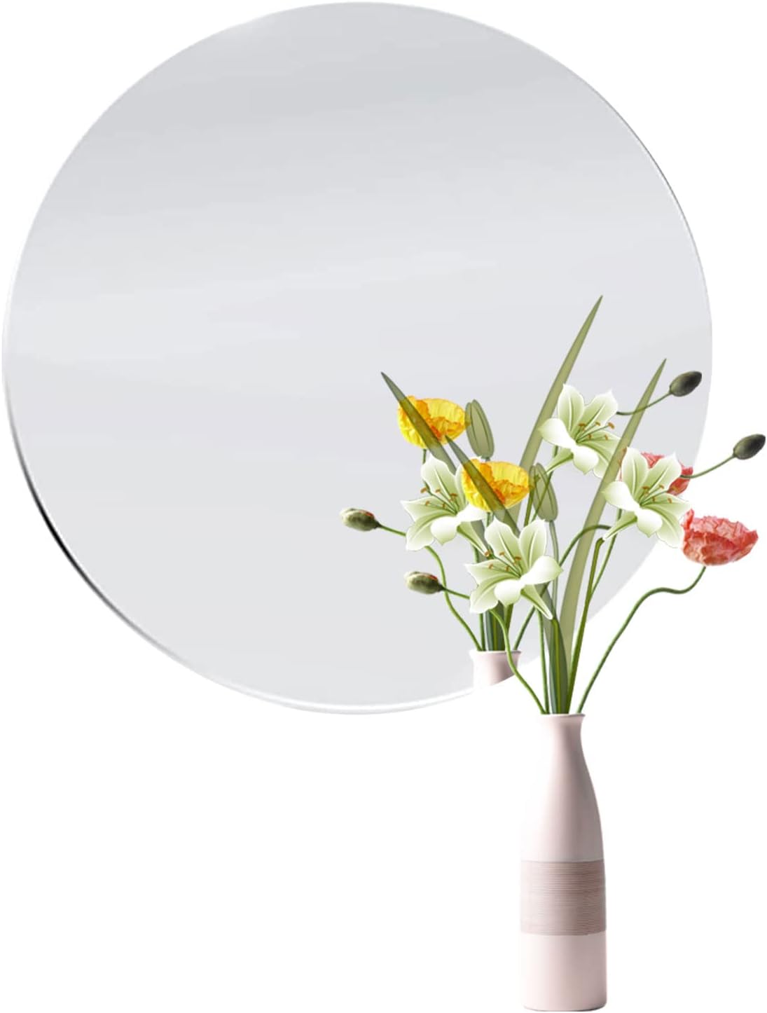 DARENYI12 inch Glass Round Mirror, Frameless Wall Mounted Mirror Self Adhesive Circle Mirror, Round Mirror Plate Trays for Home Bathroom Living Room