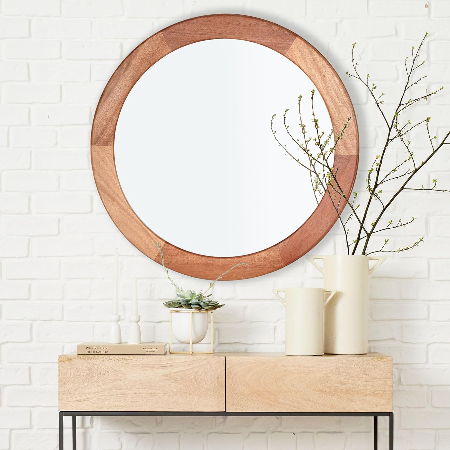 CULER Round Mirrors 24 Inch,Wood Vanity Wall Rustic Mirror with Walnut Frame, Wooden Mirror for Bathroom Bedroom Living Room Or Entryway(Natural)