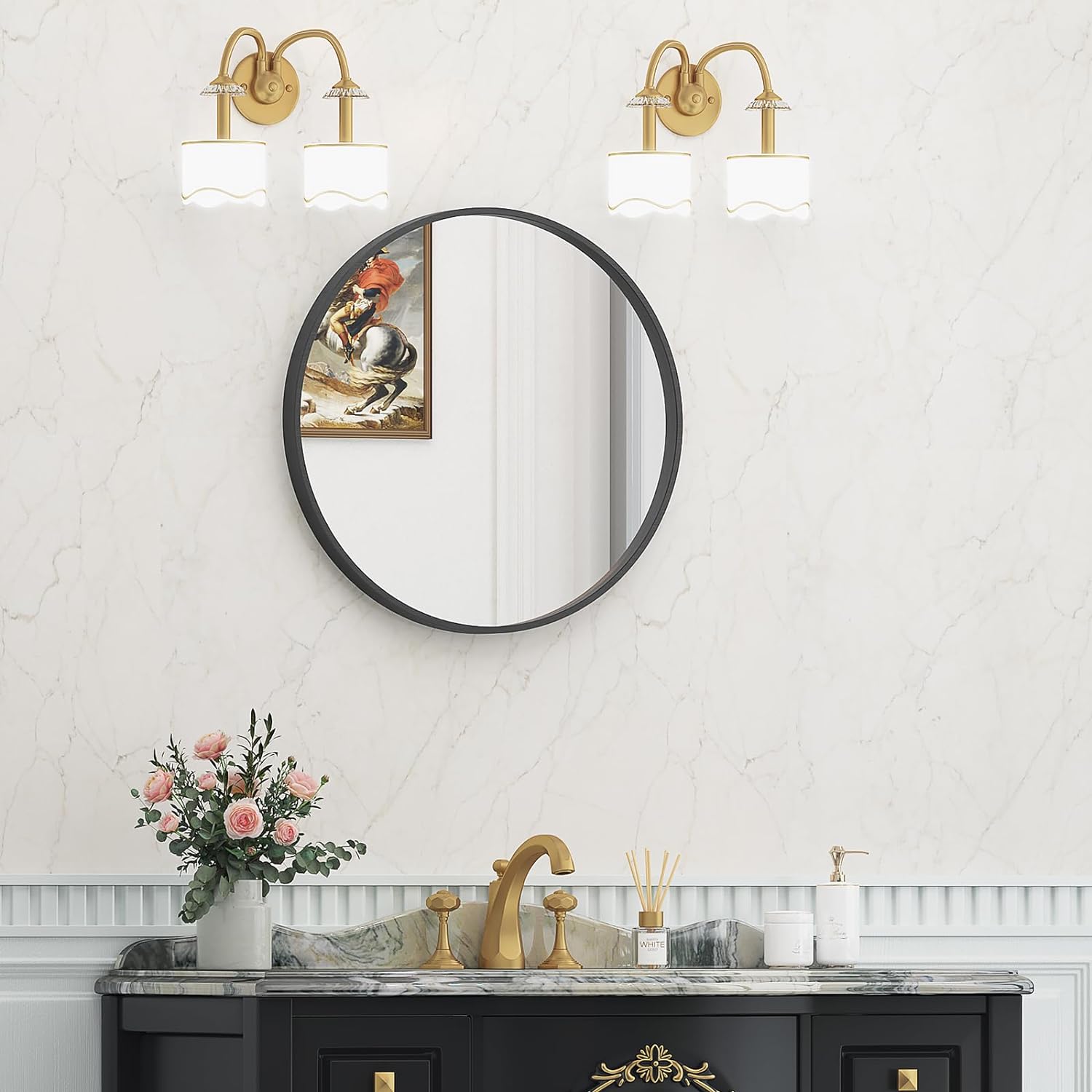 IDEALHOUSE Circle Mirror  24 Stylish Wall-Mounted Round Bathroom Vanity Mirror with Black Metal Frame - Explosion-Proof, Moisture-Resistant, Perfect for Your Bathroom