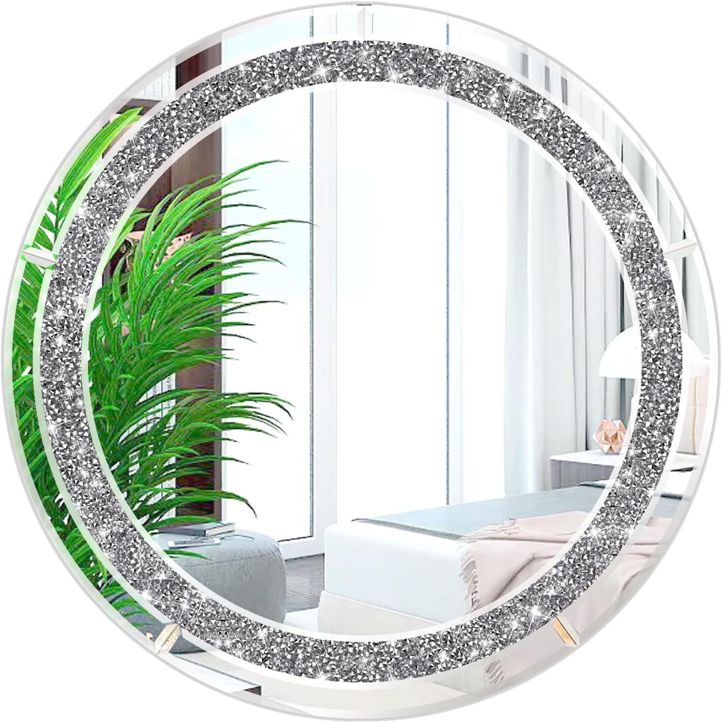 Crystal Crush Diamond Silver Round Mirror 20'' x 20'',Frameless Stylish Gorgeous Diamond Decor Glam Glass Mirror. for Bedroom Bathroom Hanging Mirror Home for Wall Decor.