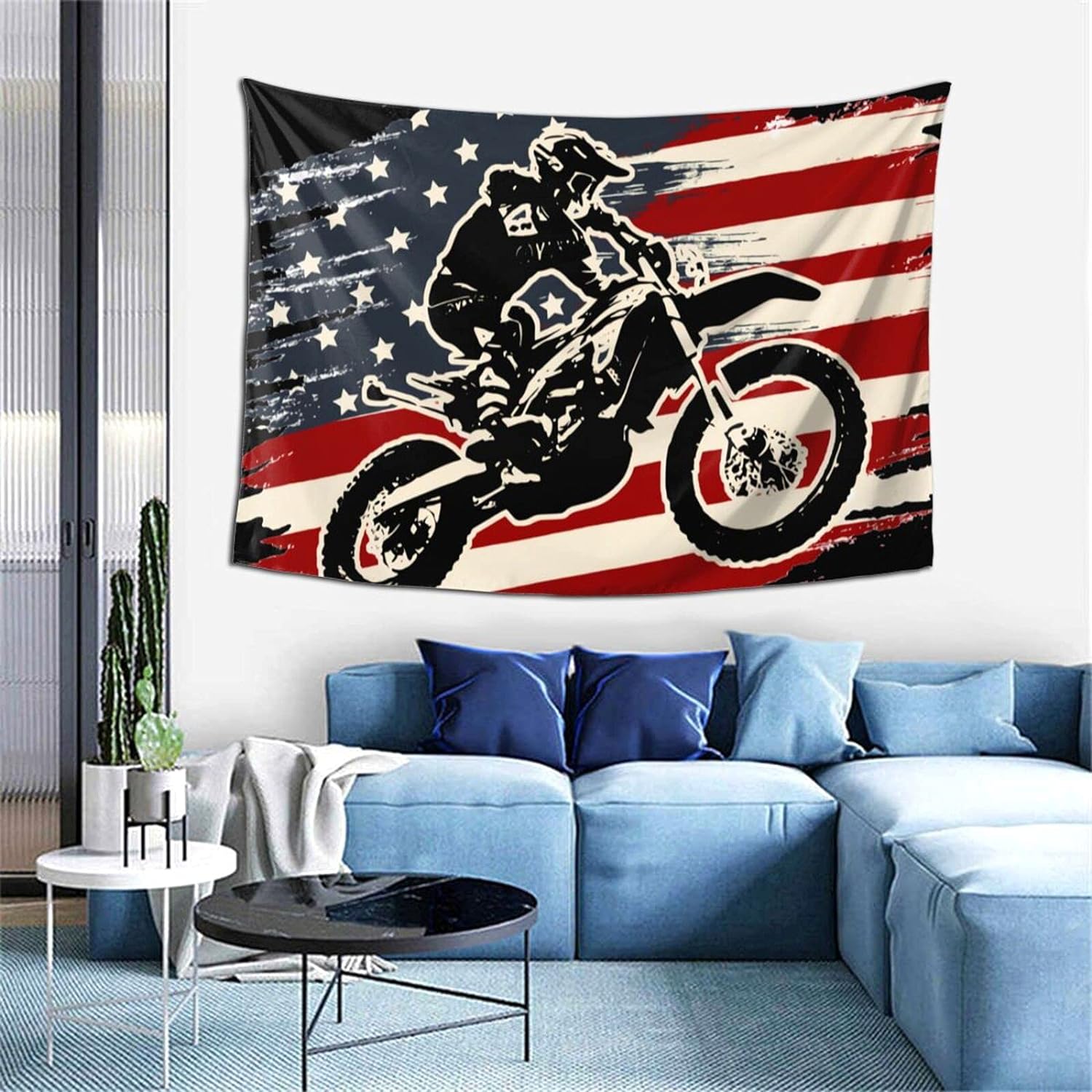 Motocross Dirt Bike American Flag Tapestry Wall Art Wall Hanging Tapestry Wall Tapestry Home Decorations for Bedroom Dorm Living Room Kitchen 60 x 40 inch