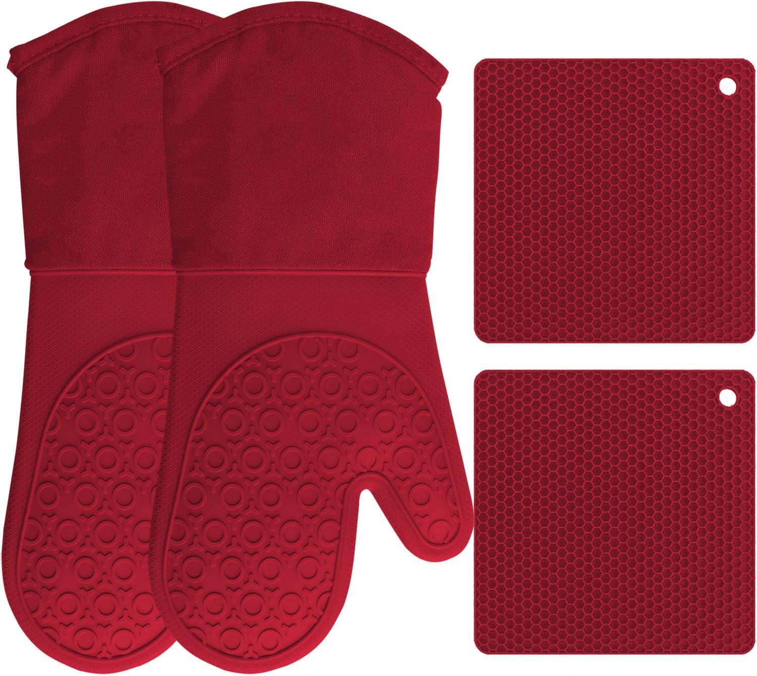 HOMWE Silicone Oven Mitts and Pot Holders, 4-Piece Set, Heavy Duty Cooking Gloves, Kitchen Counter Safe Trivet Mats, Advanced Heat Resistance, Non-Slip Textured Grip (Red)