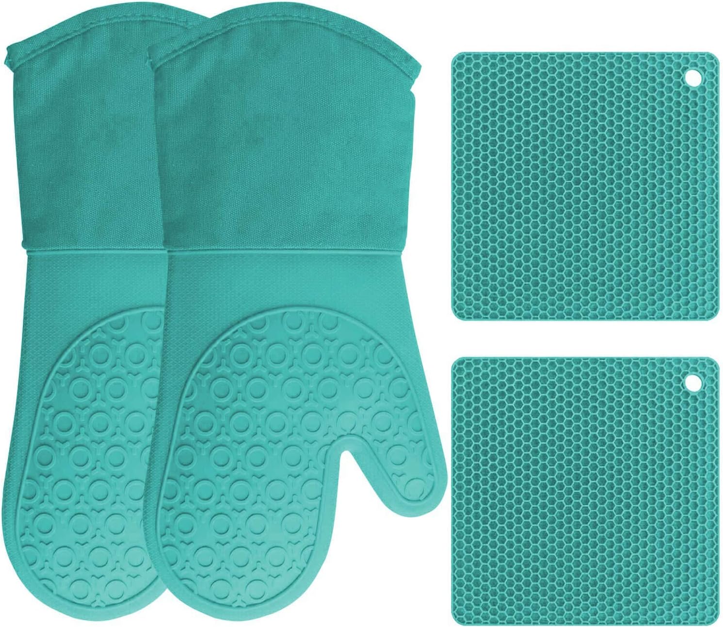 HOMWE Silicone Oven Mitts and Pot Holders, 4-Piece Set, Heavy Duty Cooking Gloves, Kitchen Counter Safe Trivet Mats, Advanced Heat Resistance, Non-Slip Textured Grip (Aqua Turquoise)