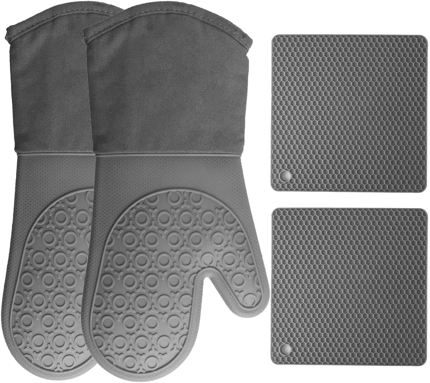 HOMWE Silicone Oven Mitts and Pot Holders, 4-Piece Set, Heavy Duty Cooking Gloves, Kitchen Counter Safe Trivet Mats, Advanced Heat Resistance, Non-Slip Textured Grip, Gray