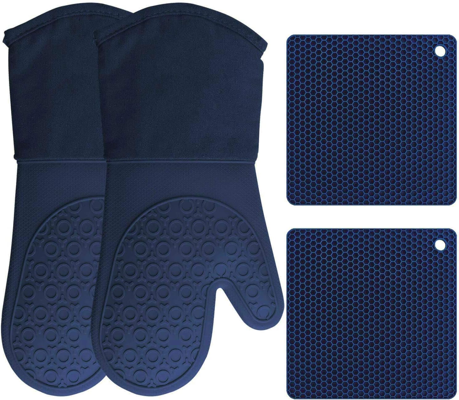 HOMWE Silicone Oven Mitts and Pot Holders, 4-Piece Set, Heavy Duty Cooking Gloves, Kitchen Counter Safe Trivet Mats, Advanced Heat Resistance, Non-Slip Textured Grip (Navy Blue)