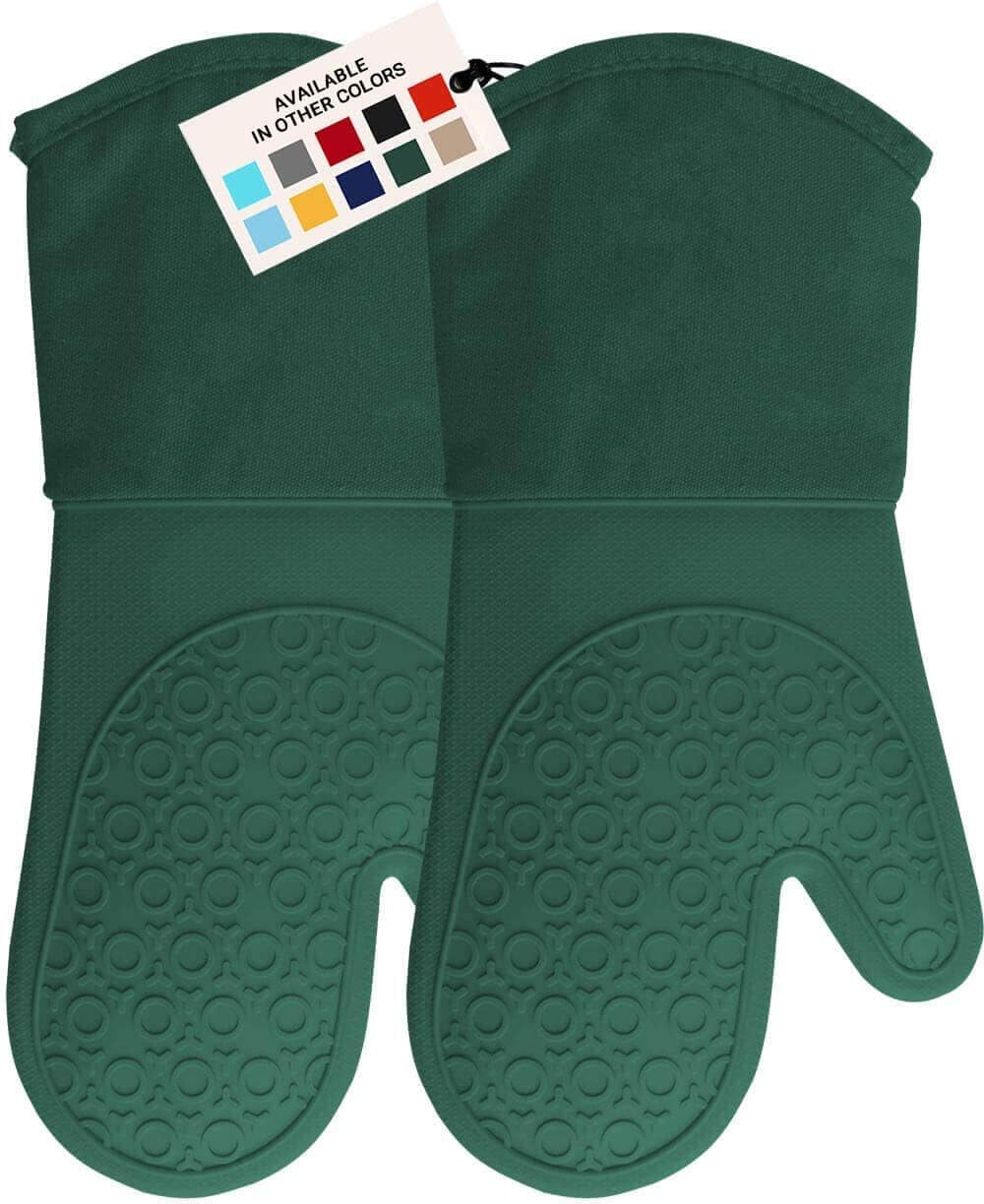 HOMWE Extra Long Professional Silicone Oven Mitt, Oven Mitts with Quilted Liner, Heat Resistant Pot Holders, Flexible Oven Gloves, 1 Pair (Green, 13.7 inch)