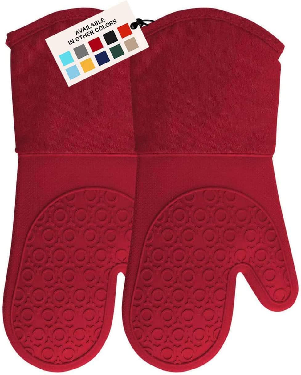 HOMWE Professional Silicone Oven Mitt, Oven Mitts with Quilted Liner, Heat Resistant Pot Holders, Flexible Oven Gloves, 1 Pair, 13.7 Inch, Empire Red