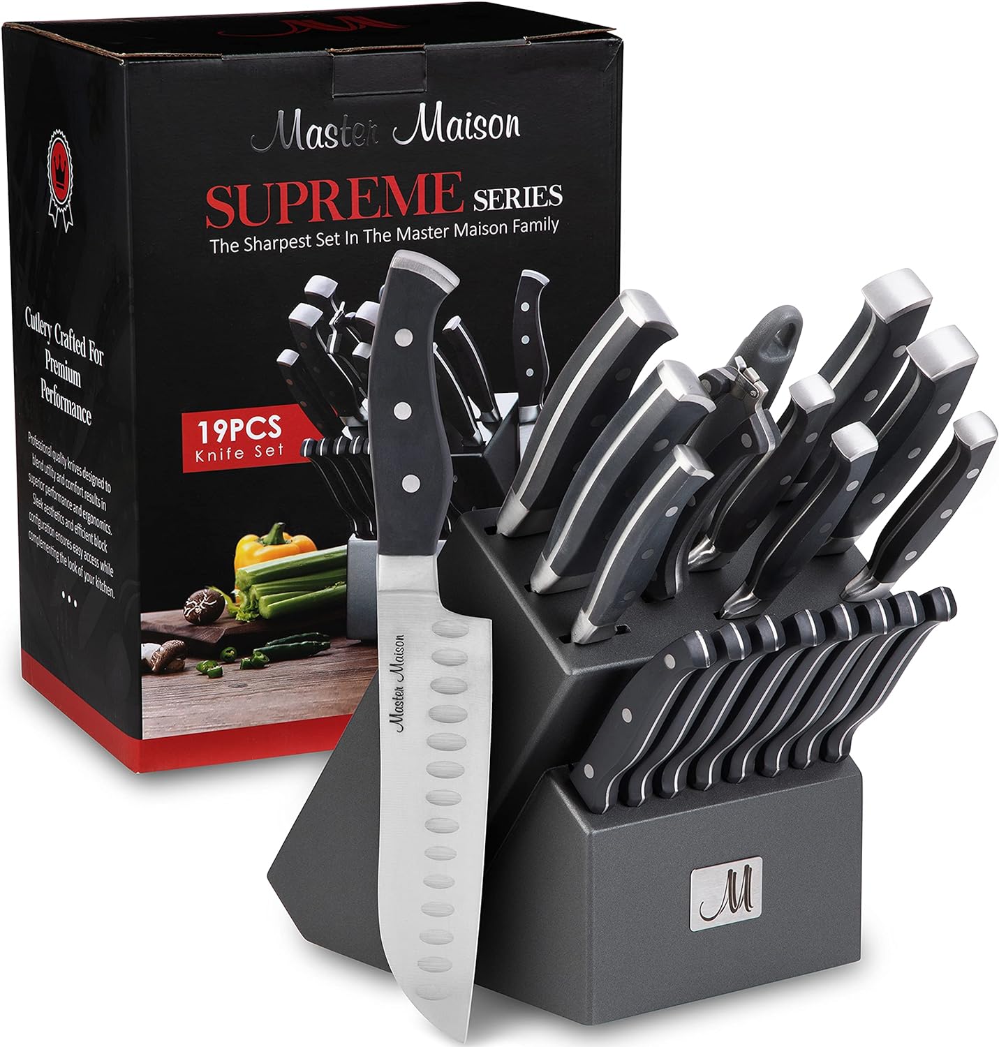 19-Piece Kitchen Knife Set With Wooden Block - Best German Forged Stainless Steel Knife Sets for Kitchen with Block, Professional Use, Paring, Chef, Carving & 8 Steak Knives - Knife Sharpener & Shears