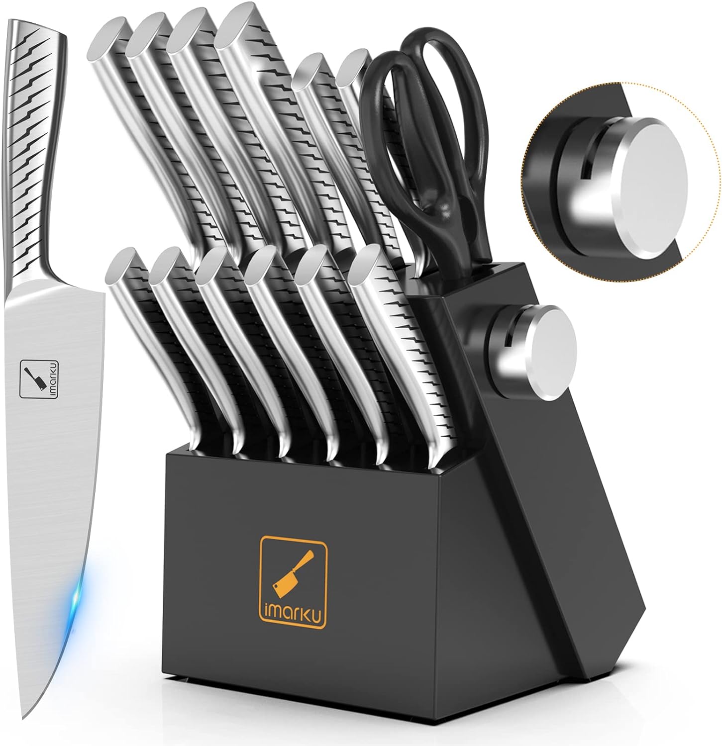 imarku Knife Set, 14PCS Knife Sets for kitchen with block, One-Piece Kitchen Knife Set with Built-in Sharpener, Stainless Steel Chef Knife Set with Lightning Stripes Handle, Dishwasher Safe(Black)