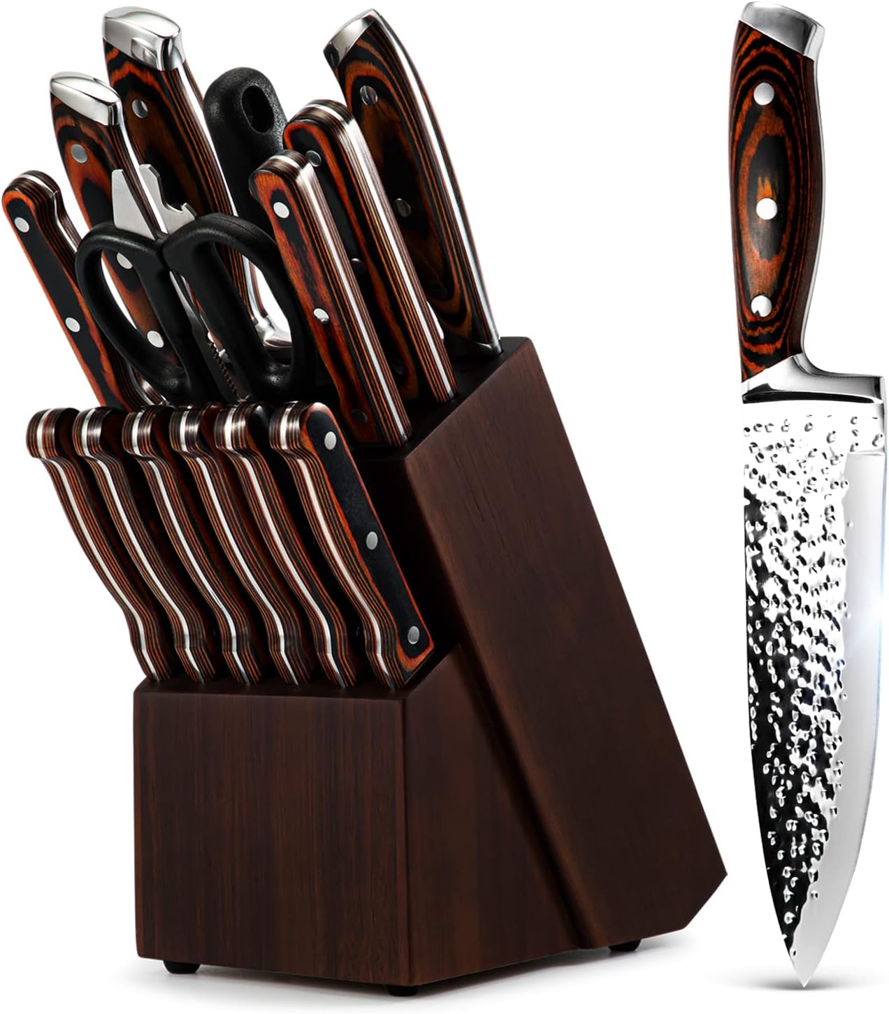 Kitchen Knife Set,15-Piece Knife Set With Block Wooden,Self Sharpening For Chef Knife Set,High Carbon Japan Stainless Steel Hammered Collection Knife Block Set with Steak Knives, Boxed Knife Set