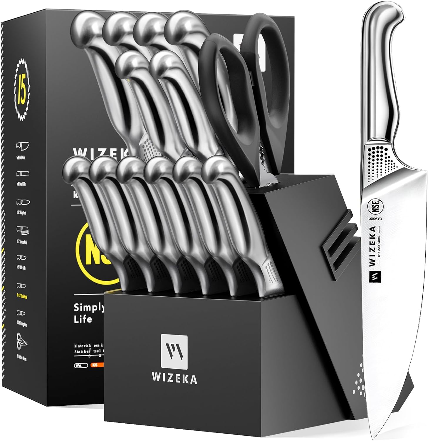 Kitchen Knife Set with Block,15PCS German Stainless Steel Knife Block Set,One-Piece Design Knives Set for Kitchen, Professional Knife Set with Built-in Sharpener,Starry Sky Series