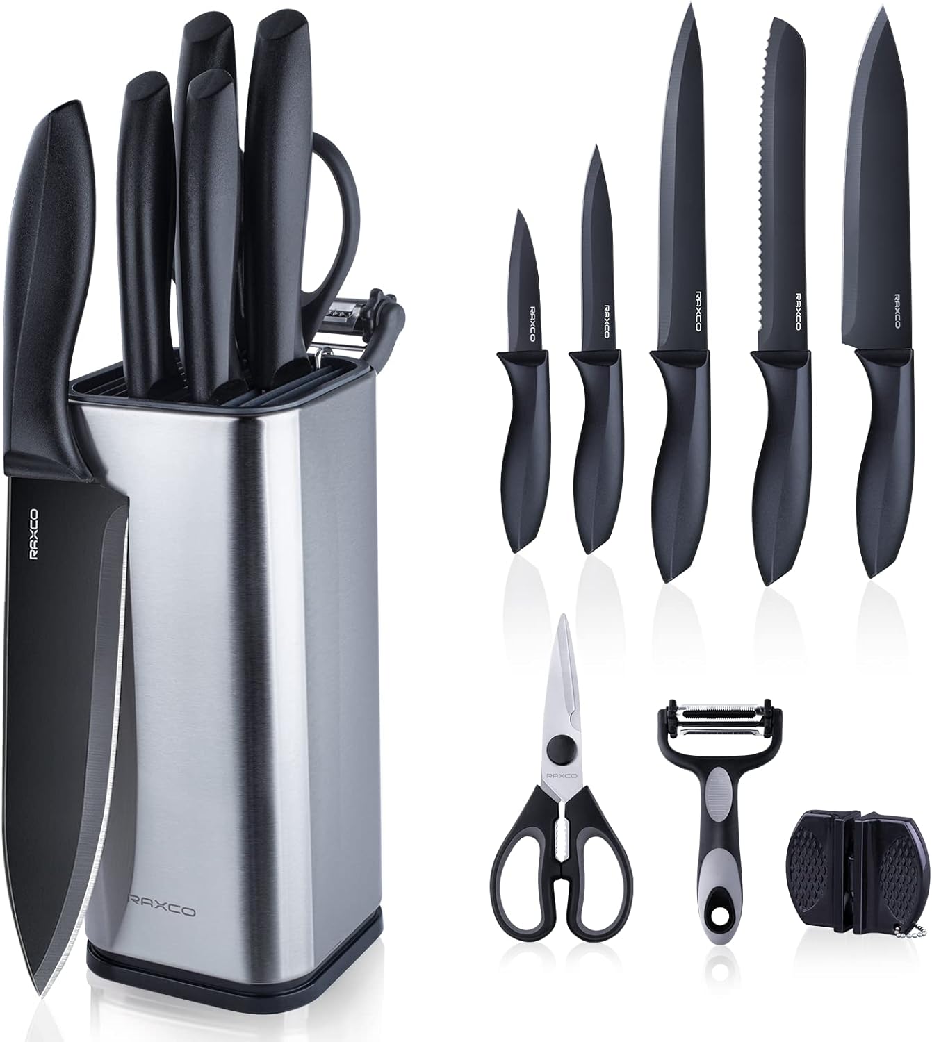 RAXCO 10-in-1 Knife Set with Block-5 Kitchen Knifes,5 Kitchen Gadgets-Perfect for small kitchen,cuchillos para cocina