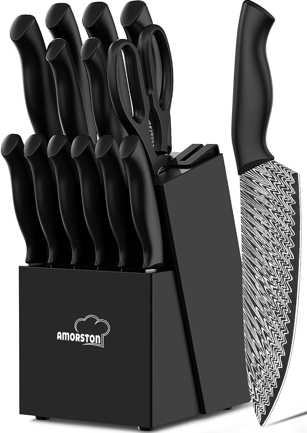 Knife Set, 15 Pieces Kitchen Knife Set with Built in Knife Sharpener Block, Dishwasher Safe, German Stainless Steel Knife Block Set