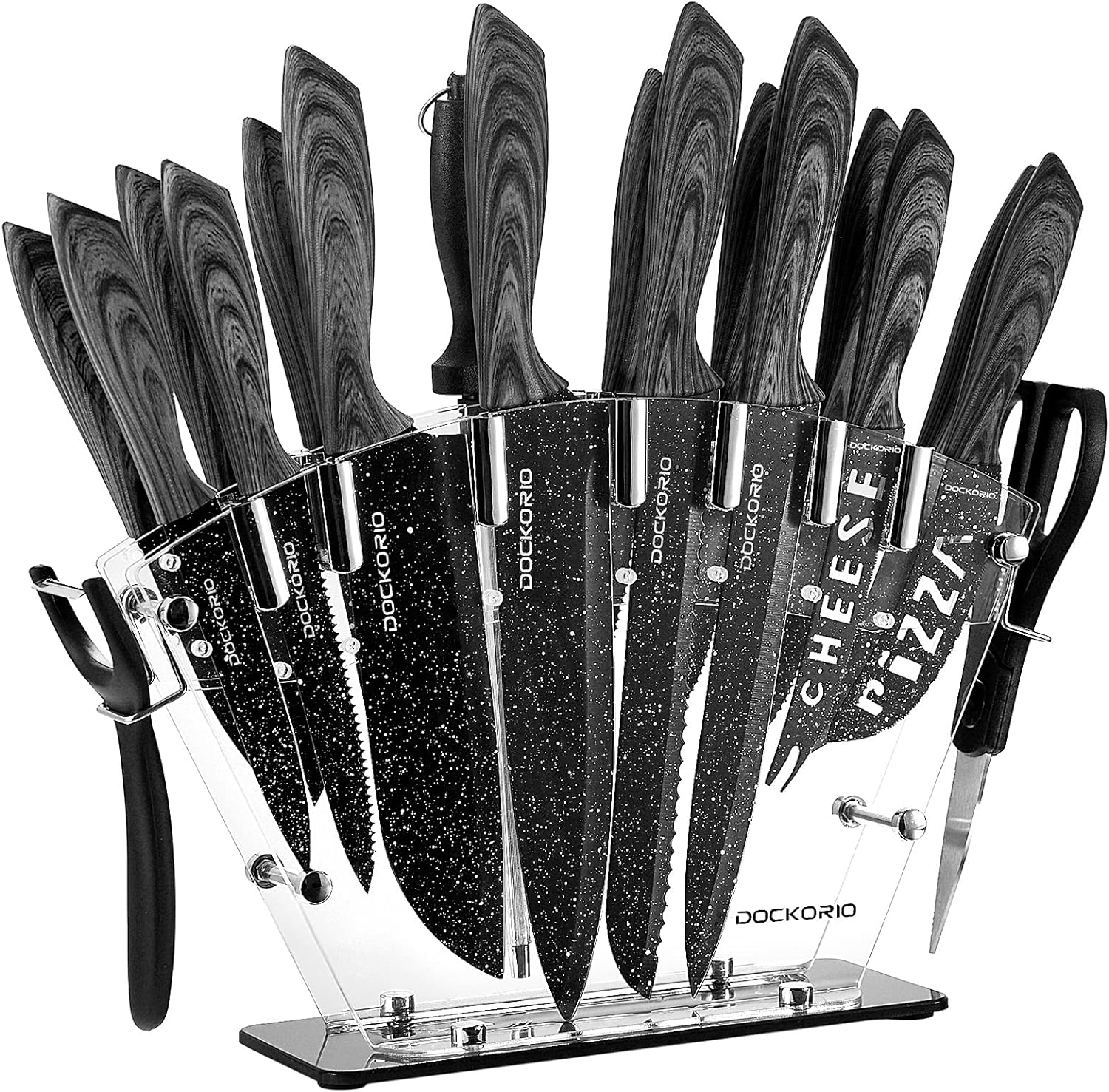 Dockorio all in one Kitchen Knife Set with Block, 19 PCS High Carbon Stainless Steel Sharp Serrated Steak Knives Set, Chef Knives, Bread Knife, Scissor, Sharpener,