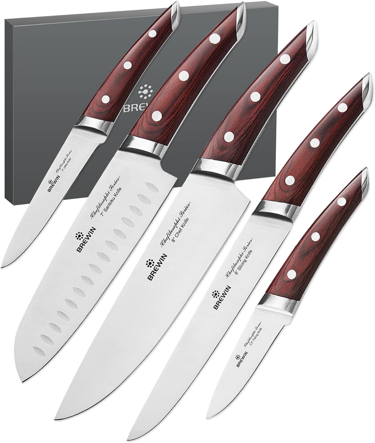 CHEFILOSOPHI Japanese Chef Knife Set 5 PCS with Elegant Red Pakkawood Handle Ergonomic Design,Professional Ultra Sharp Kitchen Knives for Cooking High Carbon Stainless Steel