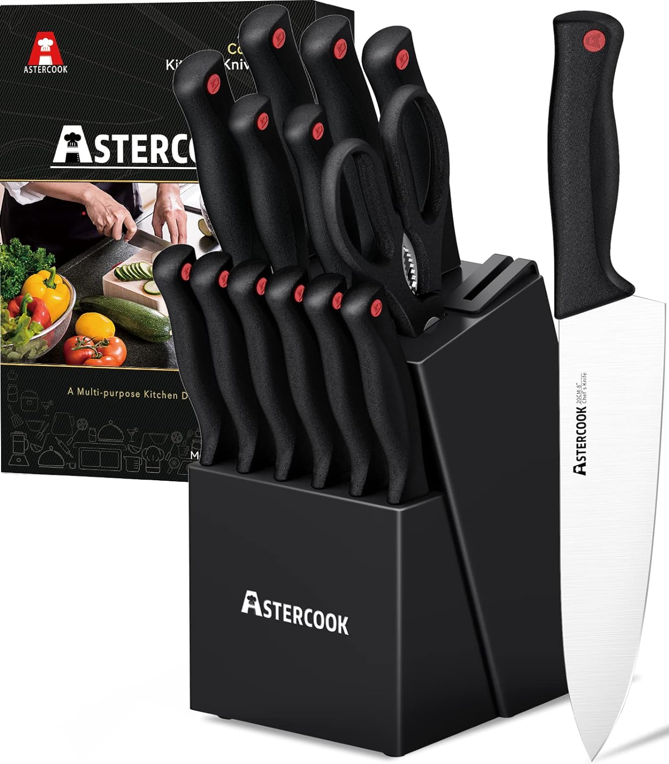 Astercook 15-Piece Knife Set with Built-in Sharpener, Dishwasher Safe High Carbon Stainless Steel Knives and Steak Knives, Black