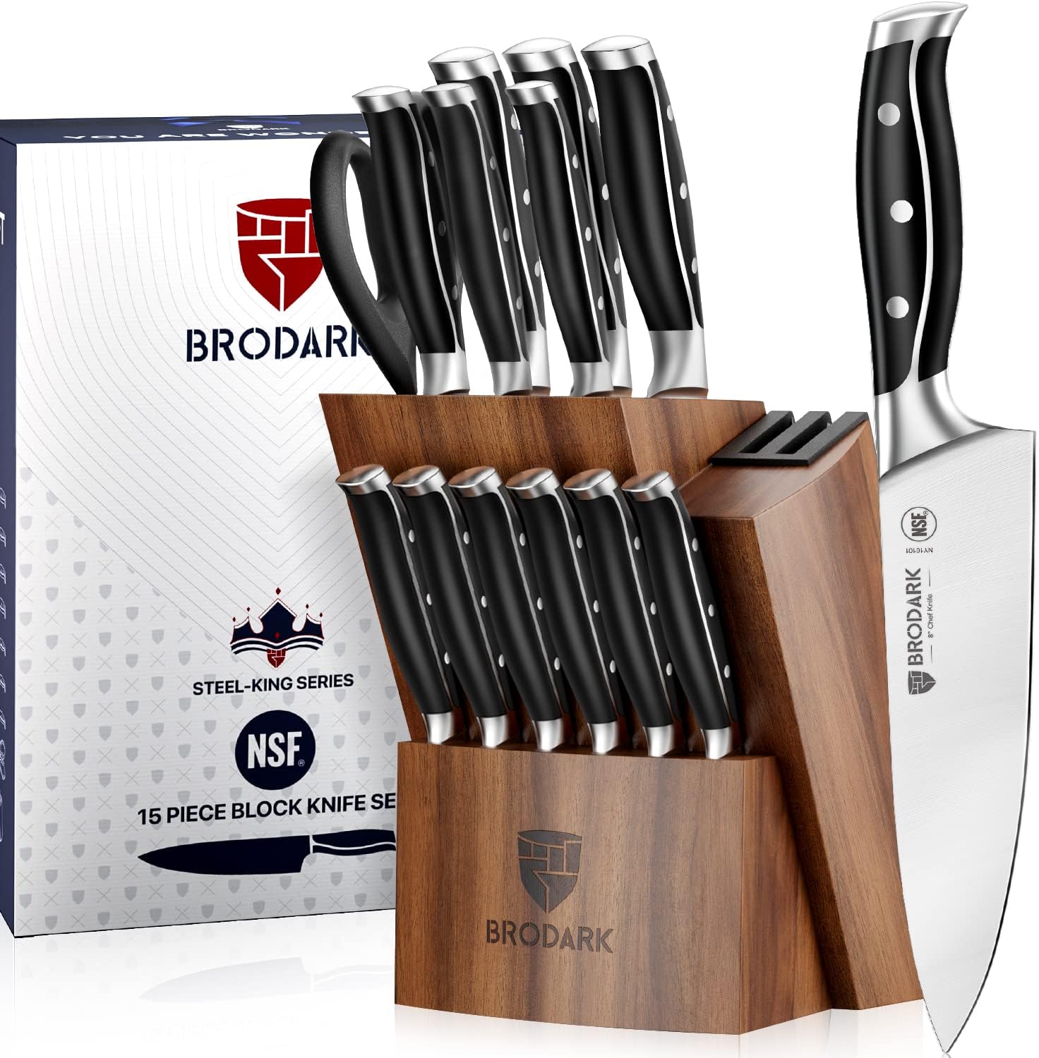 Kitchen Knife Set with Block, Full Tang 15 Pcs Professional Chef Knife Set with Knife Sharpener, Food Grade German Stainless Steel Knife Block Set, Steel-king Series with Gift Box