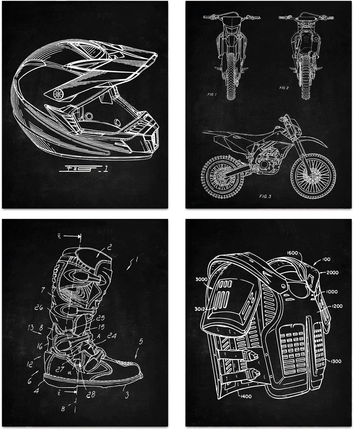 Motorcycle Dirt Bike Patent Wall Art, Vintage Motocross Canvas Posters, Helmet Body Armor Motorbike Boots Art Prints for Man Cave Garage Home Decor, Set of 4(8x10 Unframed)