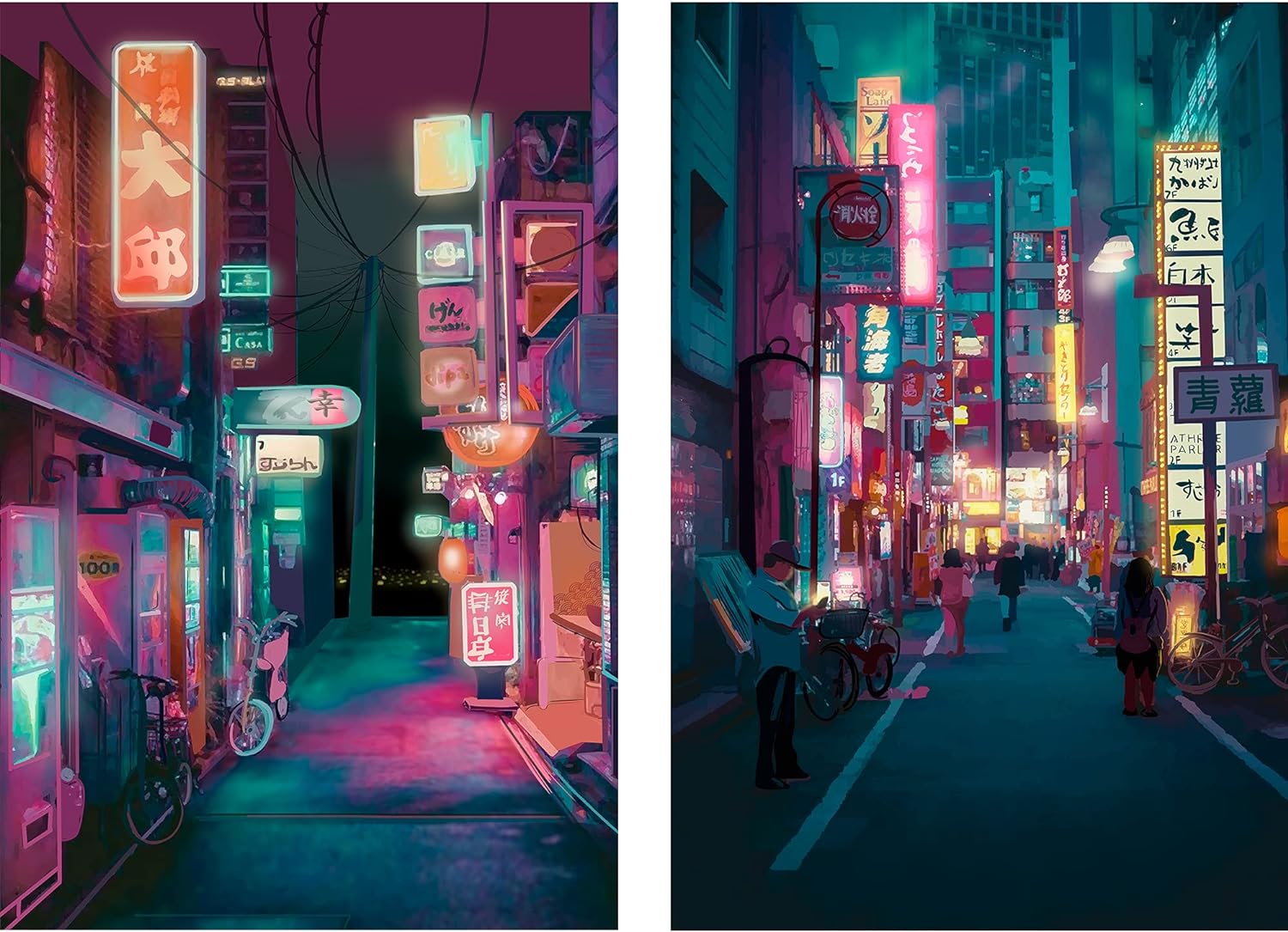 Japan Art Poster Set of 2 - Japanese Print Artwork on Canvas Roll - Tokyo Anime Wall Art Picture Gift - Preppy Night City Wall Decor Poster for Room Aesthetic Bedroom Kitchen Living UNFRAMED 11x14