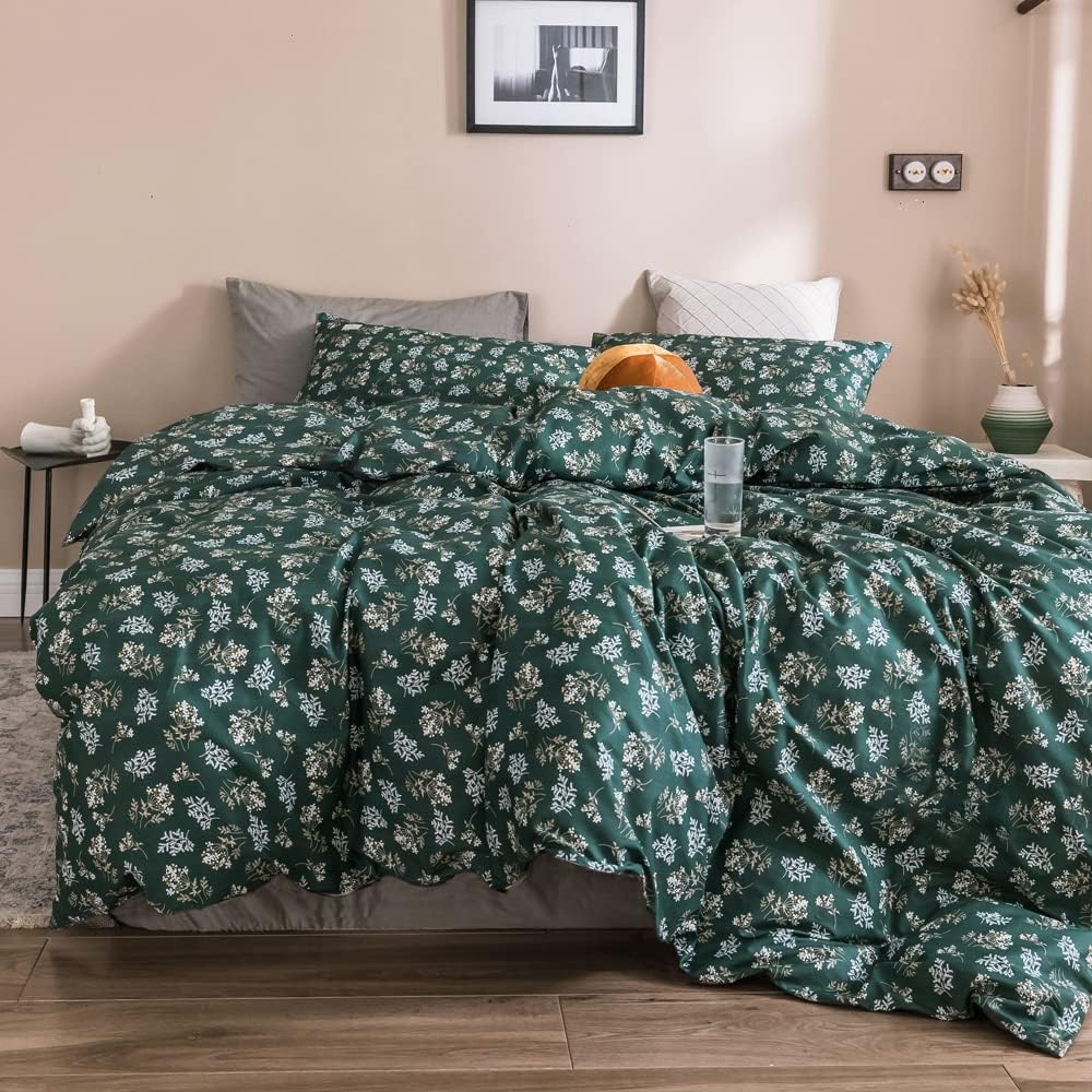 mixinni Garden Style Floral Duvet Cover Queen Size Soft Cotton White Flower on Green Reversible Bedding Set with Zipper Ties for Her and Him-Easy Care, Soft and Durable