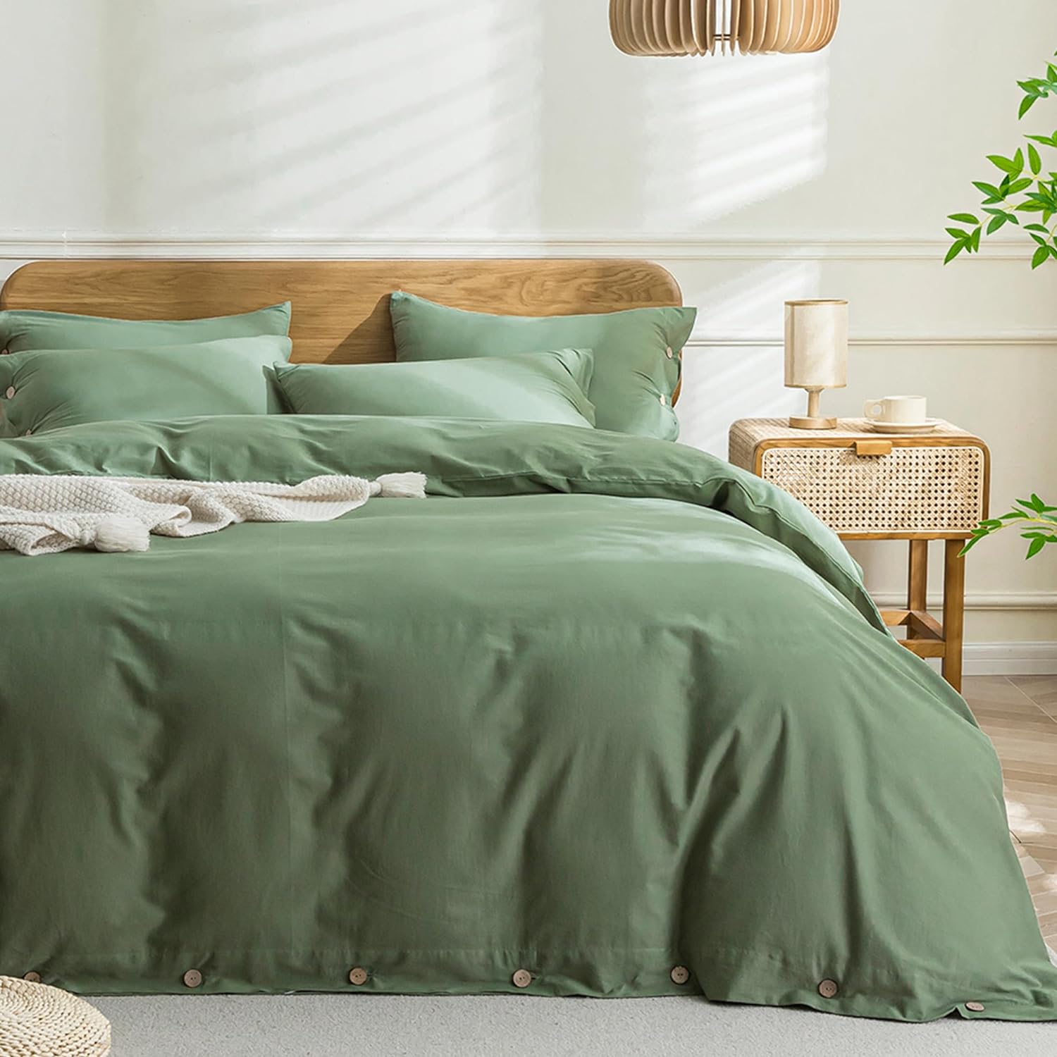 JELLYMONI Green Duvet Cover Twin Size - 100% Washed Cotton Linen Like Textured Comforter Cover, 2 Pieces Breathable Soft Bedding Set with Button Closure (Green, Twin 68x90)