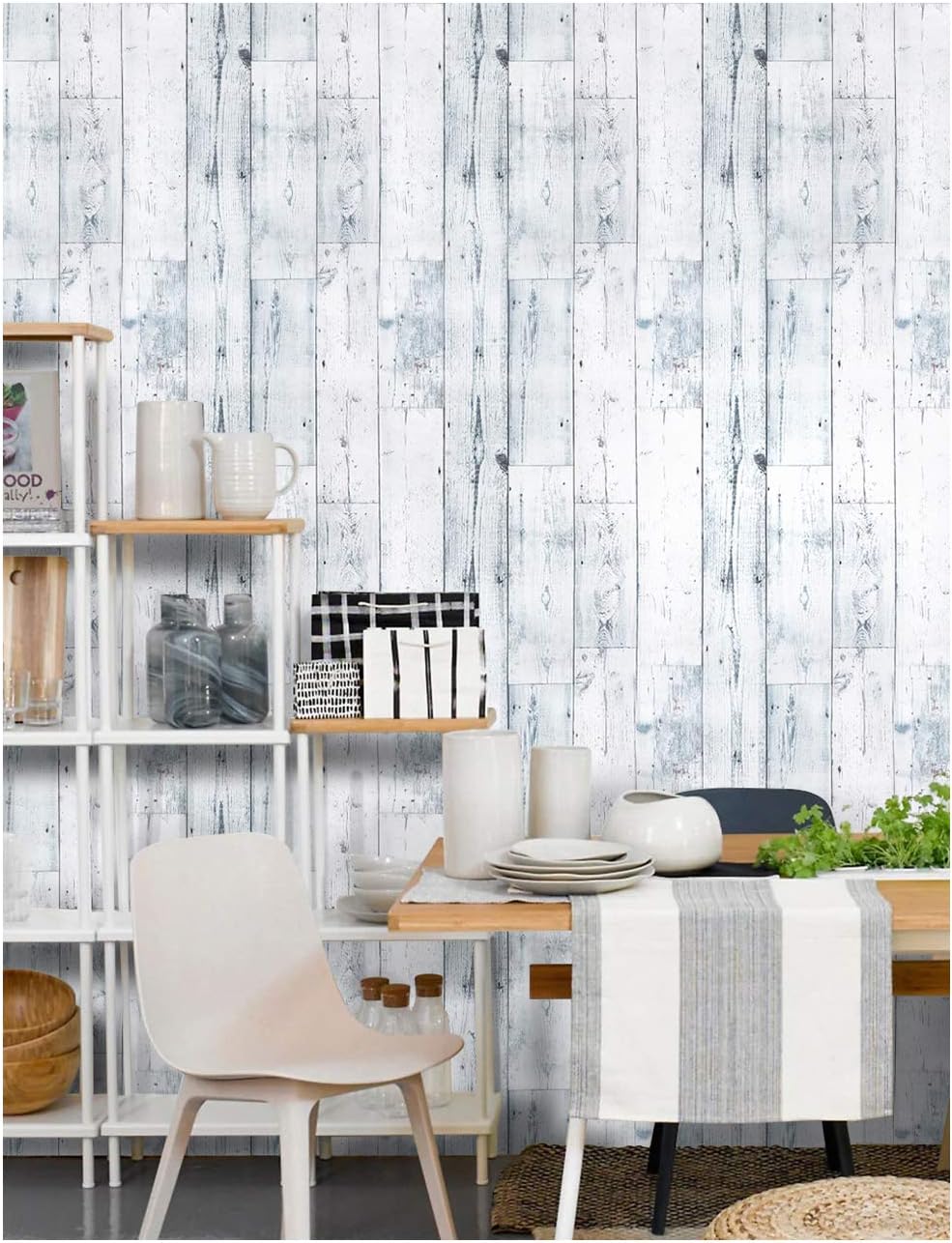 HAOKHOME MR47 Peel and Stick Wood Wallpaper Shiplap Light Grey/White/Blue Distressed Wood Plank Removable Shelf Liner Contact Paper 17.7in x 9.8ft