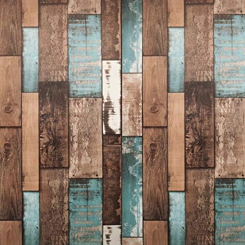 Reclaimed Wood Peel and Stick Wallpaper  Plank Multicolored Vintage Barnwood - Self Adhesive Backsplash, Removable Shelf or Contact Paper - Distressed Brown, Black, Blue Wood - 17.71 x 118 Long