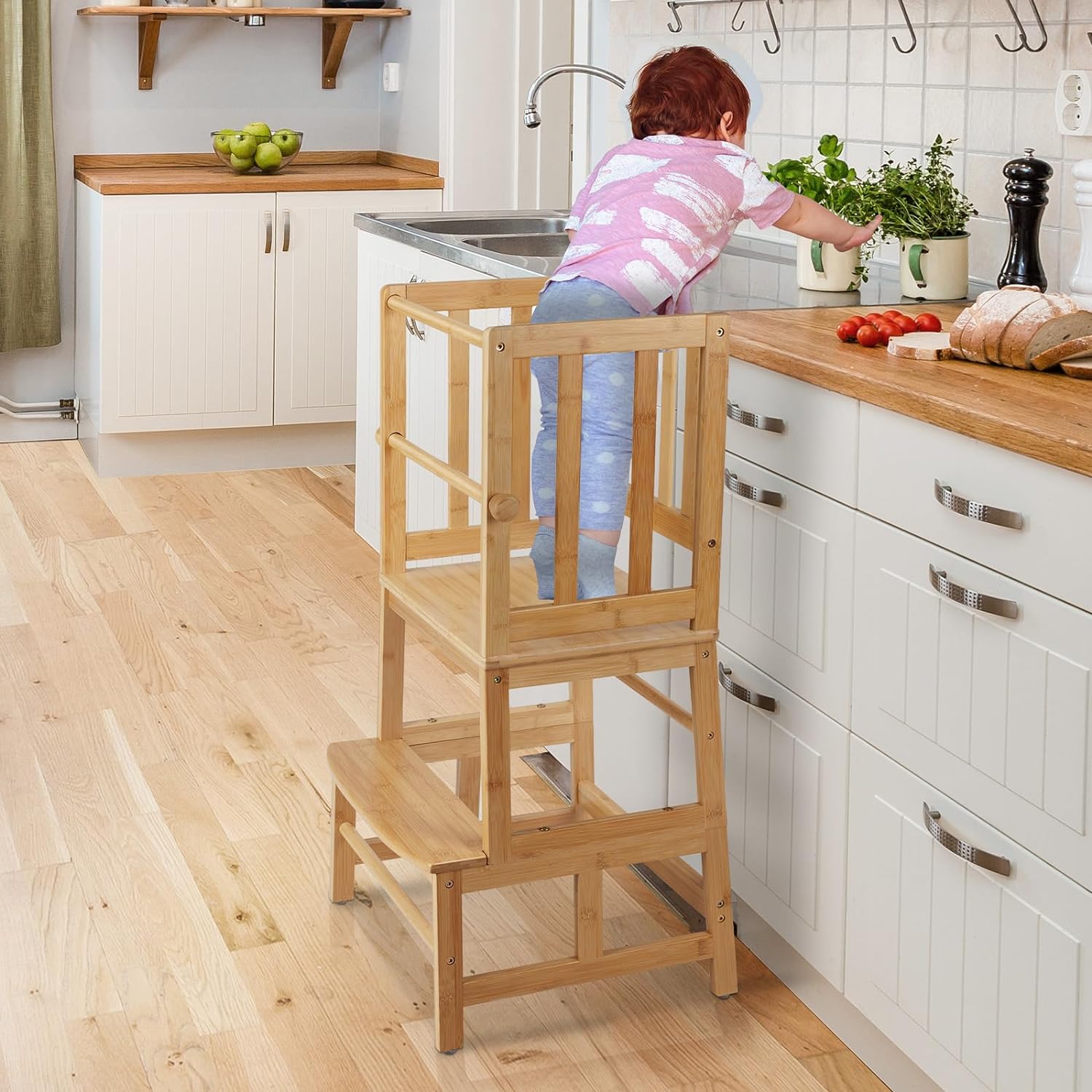 COSYLAND Kids Kitchen Step StoolToddler Standing Tower with CPC Certification, Removable Anti-Drop Railing Safety Rail Enjoys Unique Patented Design A Anti-tip Structure More Stable, Natural Bamboo