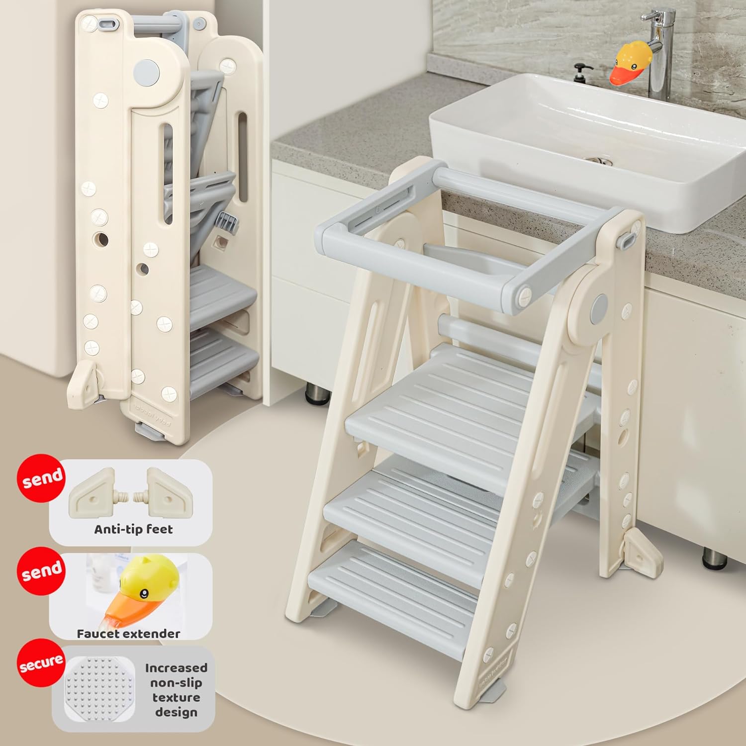 UNCLE WU Toddler Step Stool - Safety Rail, 3-Step, Foldable & Adjustable, Durable Plastic - Toddler Tower for Bathroom Sink & Child Kitchen Stool Helper-Ages 18 Months to 4 Years