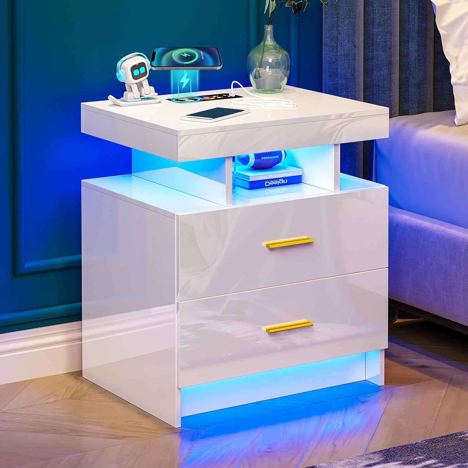 White Nightstand with USB/Wireless Charging Station, High Gloss Night Stand with RGB Auto LED Lights, Bedside Table with Storage Drawers, Side Table&End Table for Bedroom/Living Room