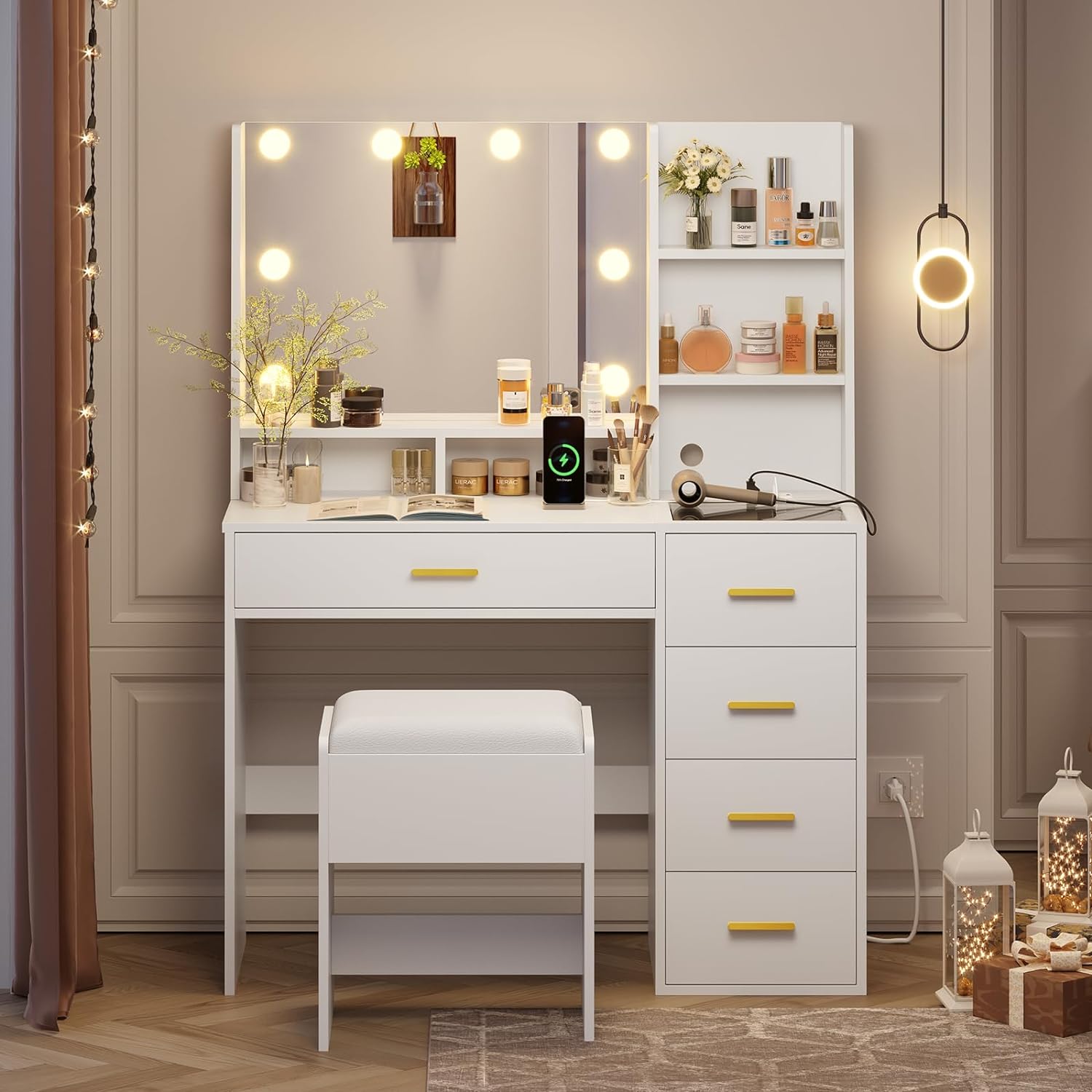 VIAGDO Makeup Vanity Set with Mirror and Lights, Vanity Desk with Charging Station & Cushioned Stool, White Bedroom Vanity Table with Drawers, Jewelry Box, Open Storage Shelves