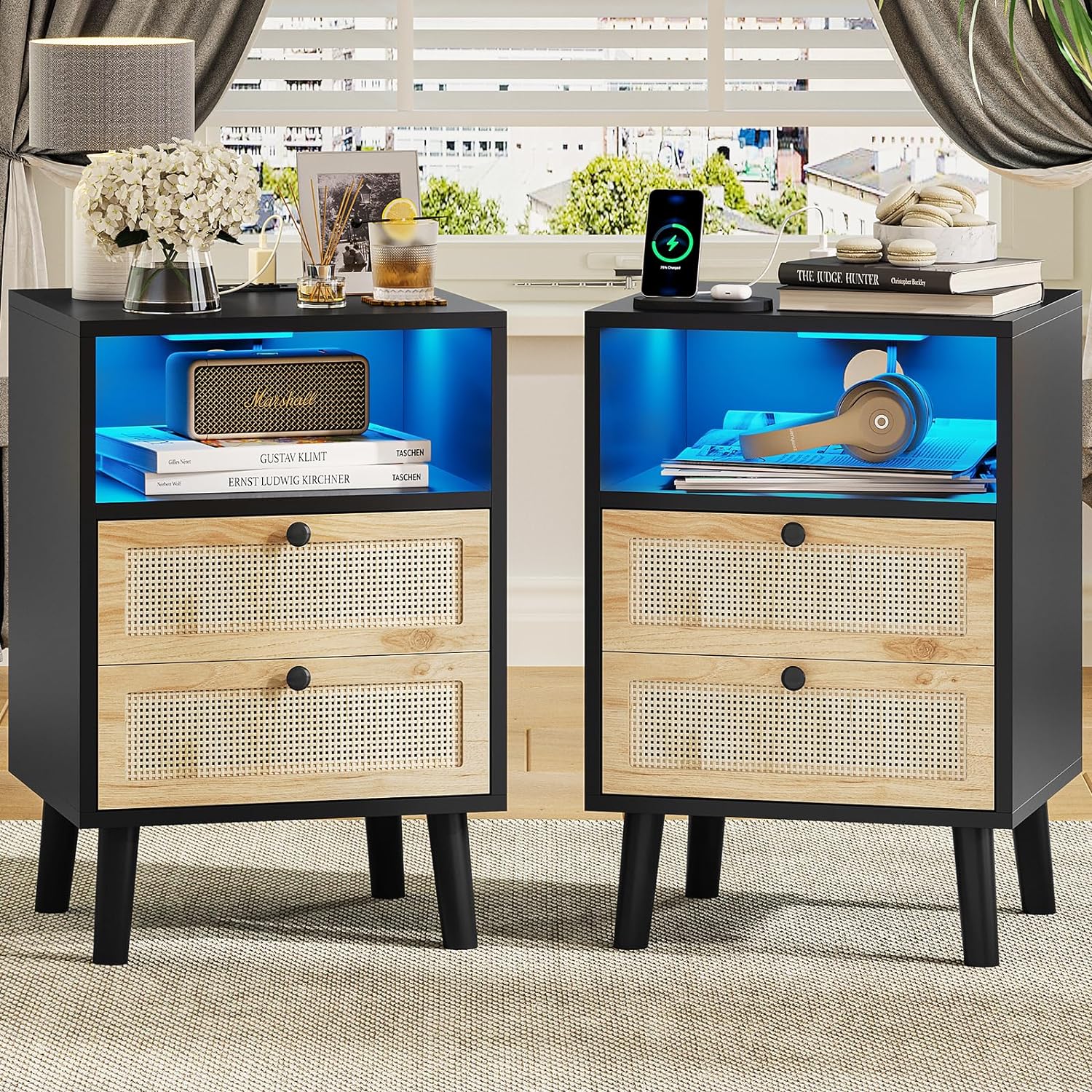 VIAGDO Rattan Nightstands Set of 2 with LED Lights, Night Stand with Charging Station and Storage Drawers, Bedside Tables with Solid Wood Feet, Modern End Side Table for Bedroom, Black
