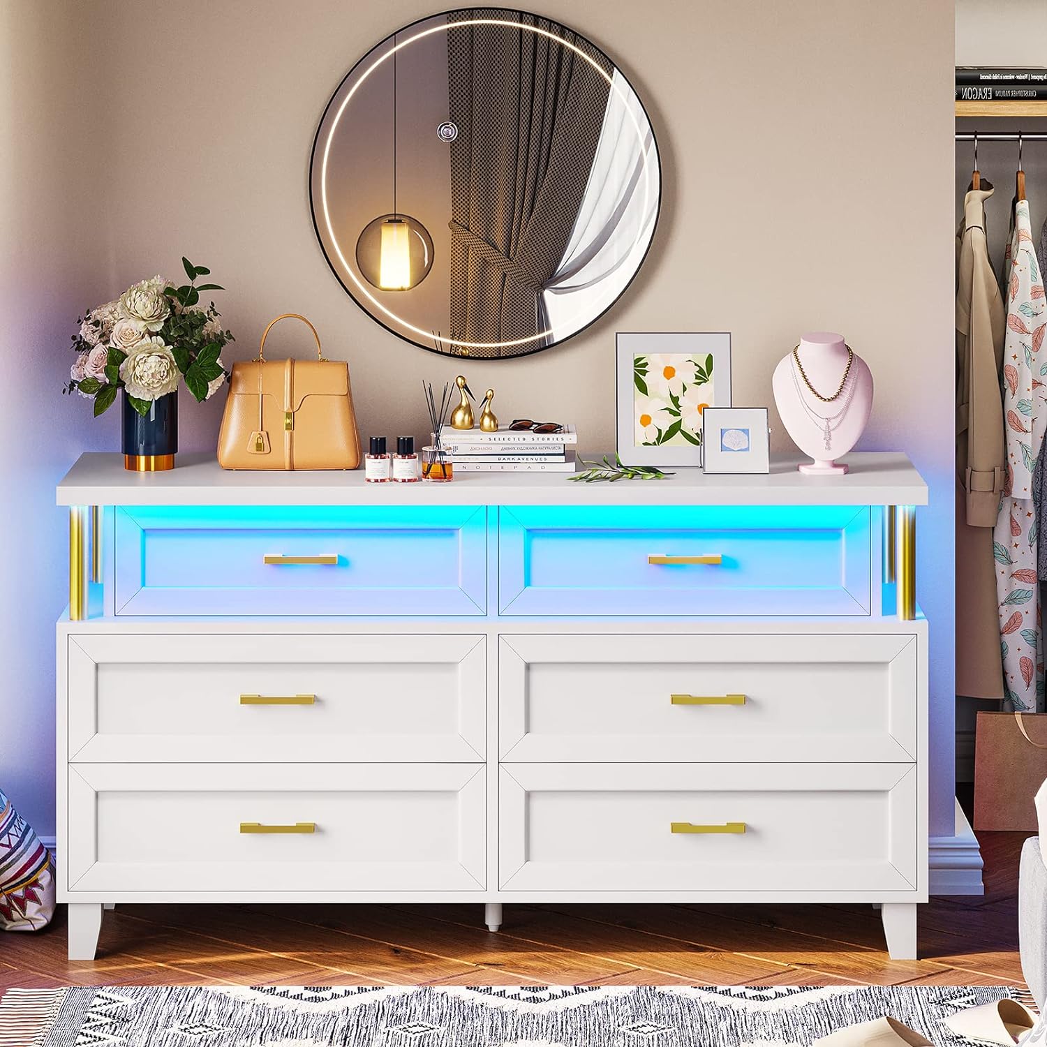 VIAGDO White Dresser for Bedroom with 6 Drawers, Chest of Drawers with LED Light, Modern Wood Dresser Chest with Wide Drawers and Metal Handles for Living Room, Entryway and Hallway, 6 Drawers-white