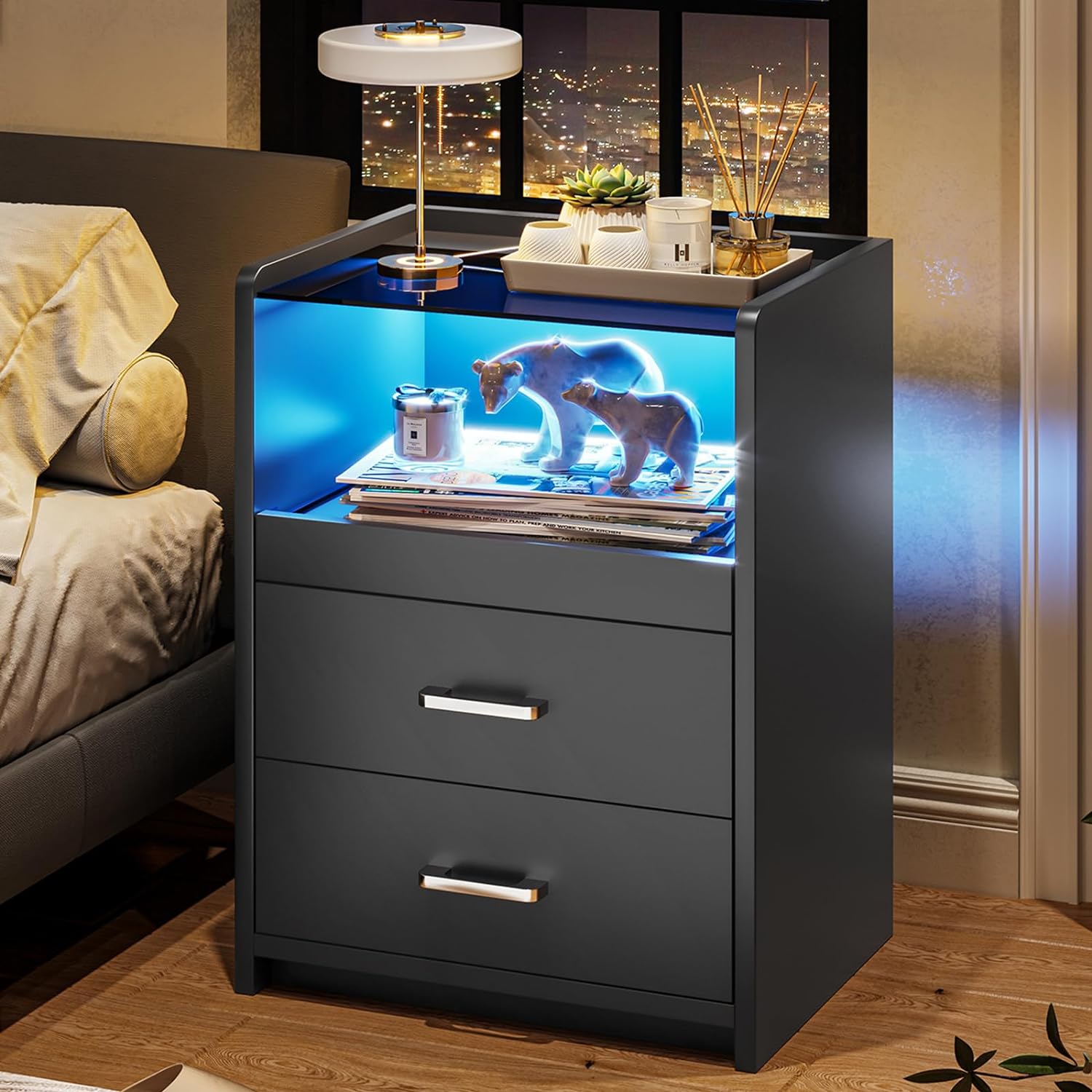 VIAGDO Nightstand with Charging Station and LED Lights, Black Night Stand with Glass Top and Storage Drawers, End Side Tables with Pull-Out Tray and USB Ports, Modern Bedside Tables for Bedroom